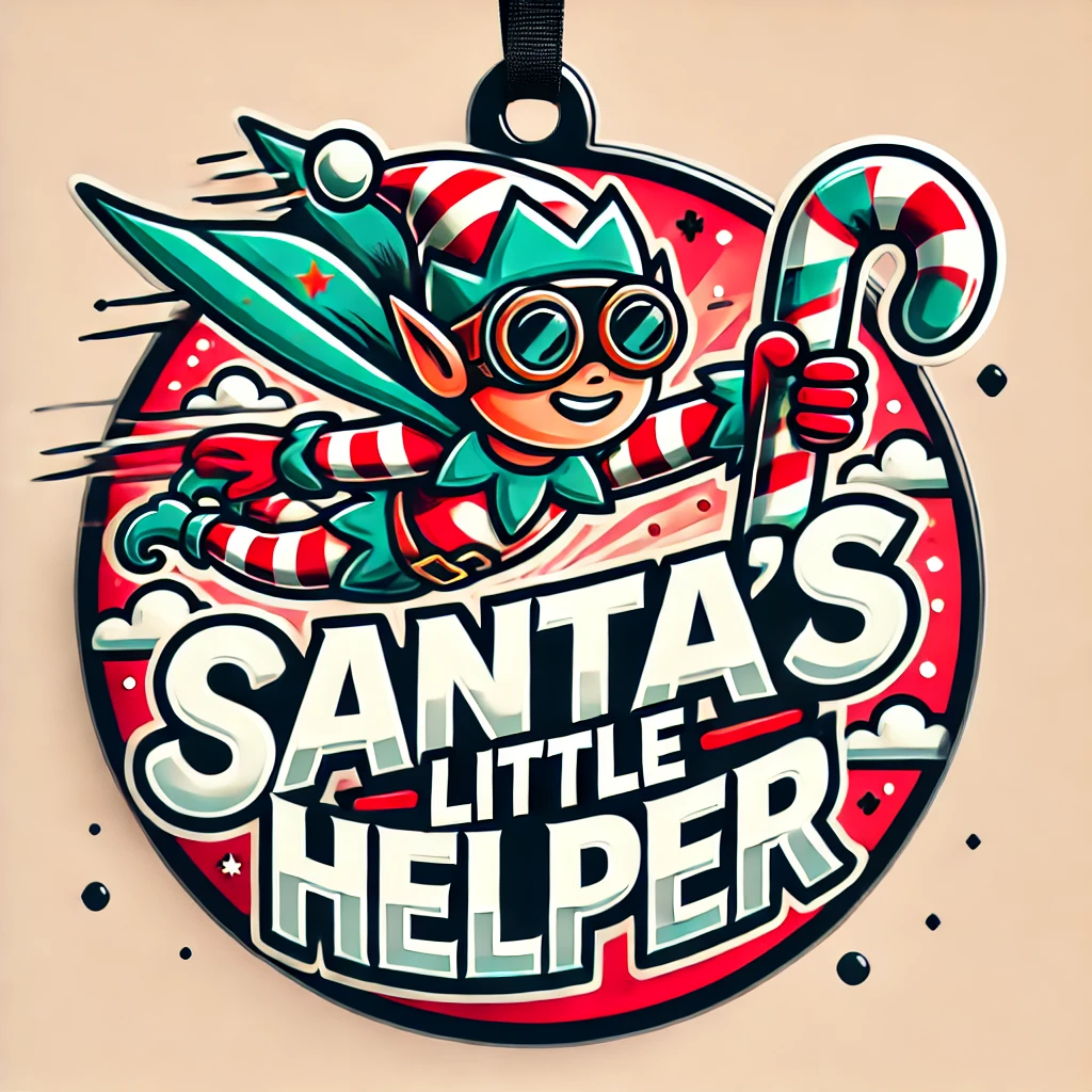 A playful circular ornament design featuring an elf wearing a superhero cape and goggles flying through the air while holding a giant candy cane The typography for Santas Little Helper is bold and energetic with dynamic lettering that adds motion and excitement to the scene The overall design is festive and fun fully contained within the circular frame