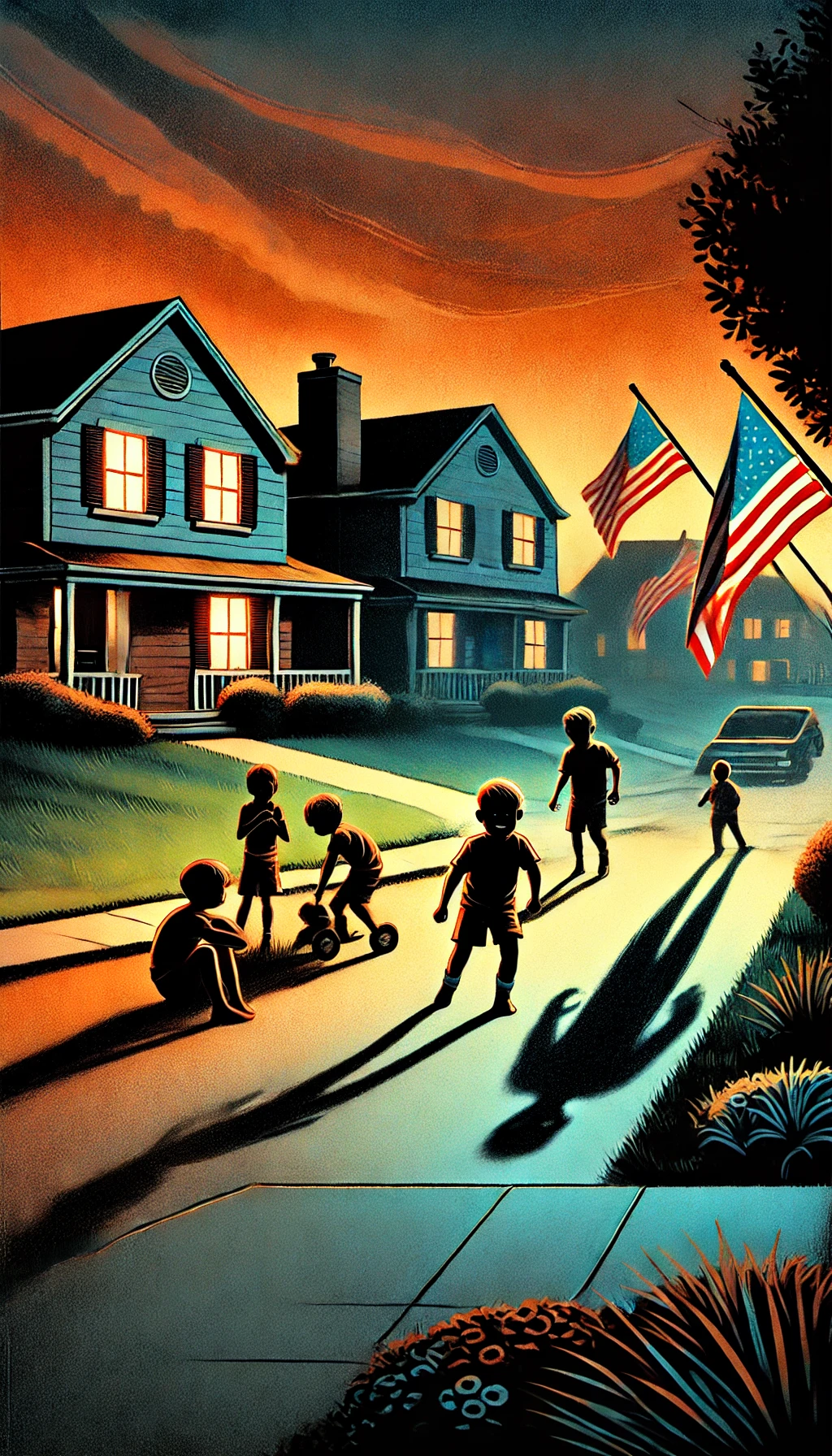 At 00025 A sinister shadow creeps in from the background slowly darkening the once bright suburban street The children playing start to disappear into the shadows their faces filled with confusion and fear The American flags flutter less proudly and the warm colors fade into cool dark hues