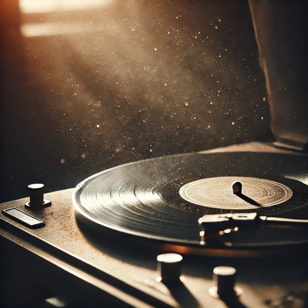 A closeup of a scratched vinyl record spinning on an old turntable in a dimly lit room Dust particles float through the air illuminated by soft nostalgic lighting The feeling is one of melancholy as the wornout record plays a familiar sad tune