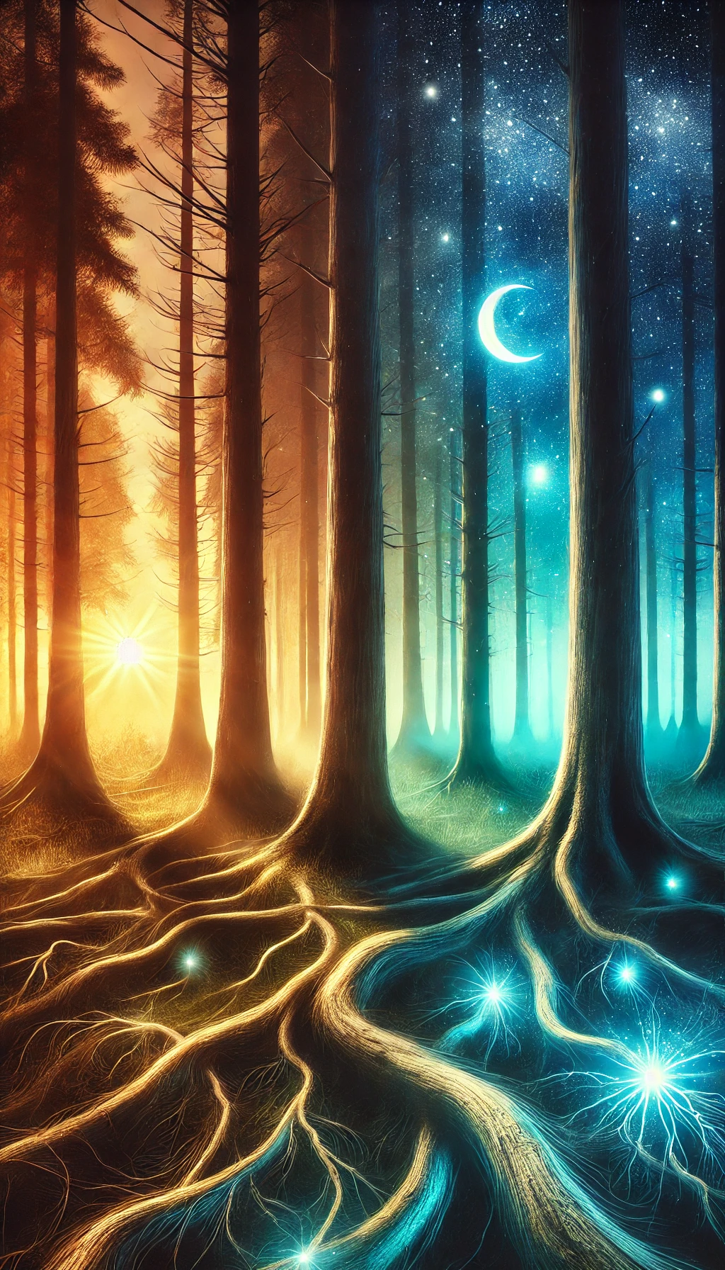 A surreal version of an enchanted forest where both night and day coexist Stars and sun are visible simultaneously in the sky and the trees seem to whisper with faint outlines of faces in their bark Glowing mist curls around the roots and the lighting is ethereal with soft gradients between night and day The forest floor is a mix of cool blues and warm golden tones creating a dreamlike contrast No typography letting the surreal nature of the forest speak for itself