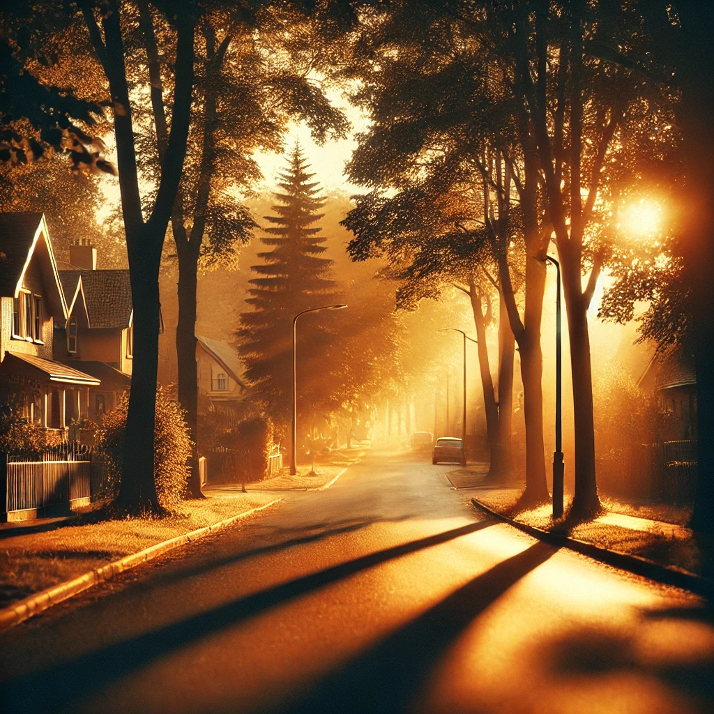 A peaceful suburban street bathed in golden sunlight at dusk with trees lining the road and casting long shadows The scene captures warmth and tranquility with soft light filtering through the trees dappling the road In the distance dark shadows start to creep in from the edges subtly hinting at an approaching threat The focus is on the serene idyllic scene with a warm nostalgic atmosphere