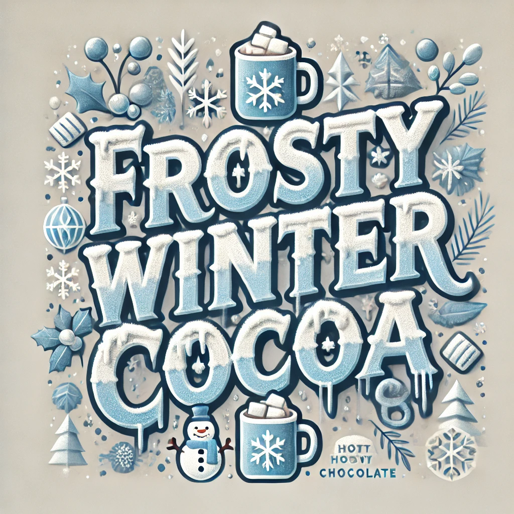 A typographicfocused image featuring Frosty Winter Cocoa in frosty blue and white tones with snowflake and icicle details The text is designed to appear frozen with snowcapped letters Around the central typography are festive icons like snowmen holly leaves and warm mugs of hot chocolate with marshmallows all set against a soft snowcovered landscape