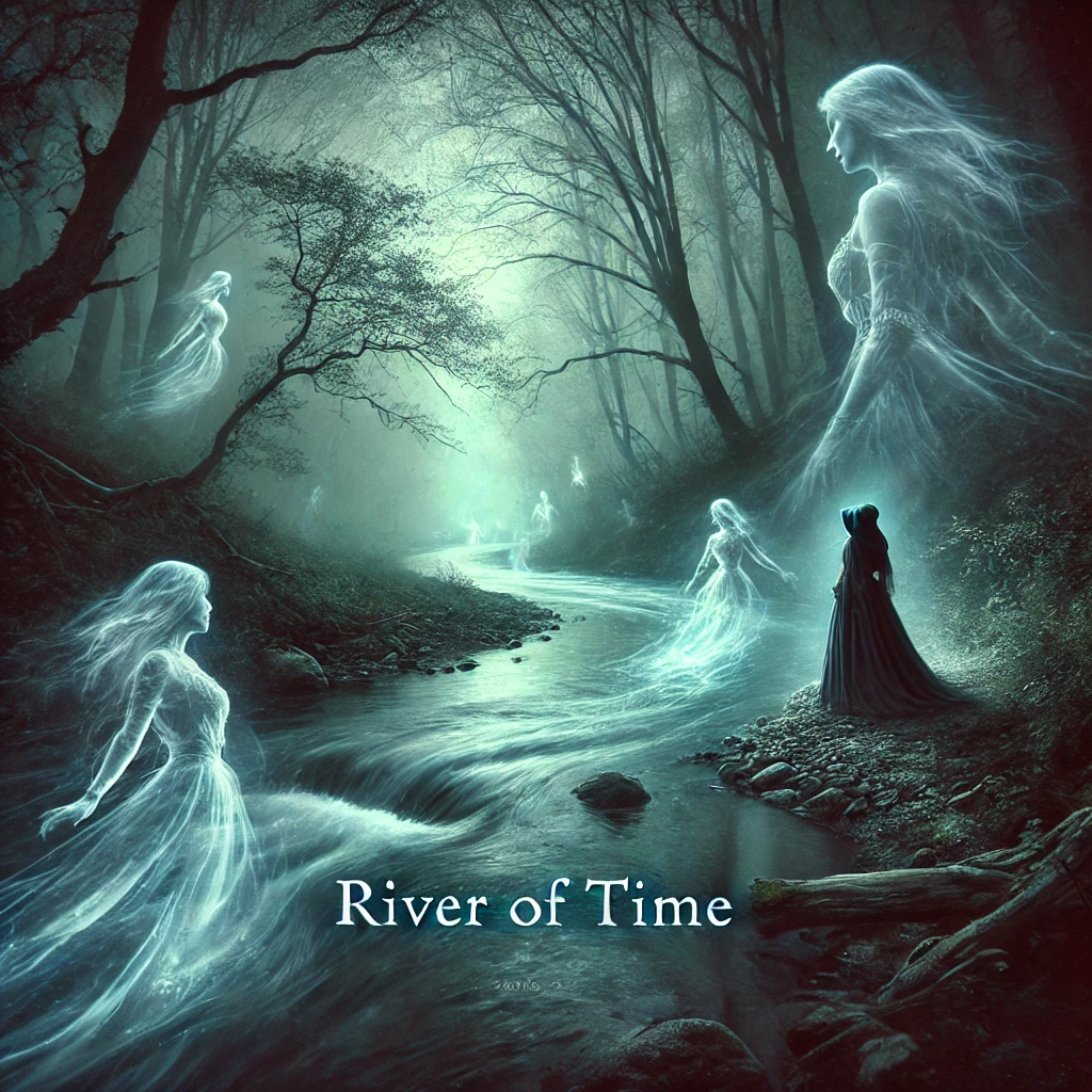 A mystical river running through a dark enchanted forest The water reflects moments from the past and the future with ghostly images of people drifting in the current A witch stands on the riverbank gazing into the flowing images The mood is ethereal and otherworldly The text River of Time is written at the bottom in a soft elegant font