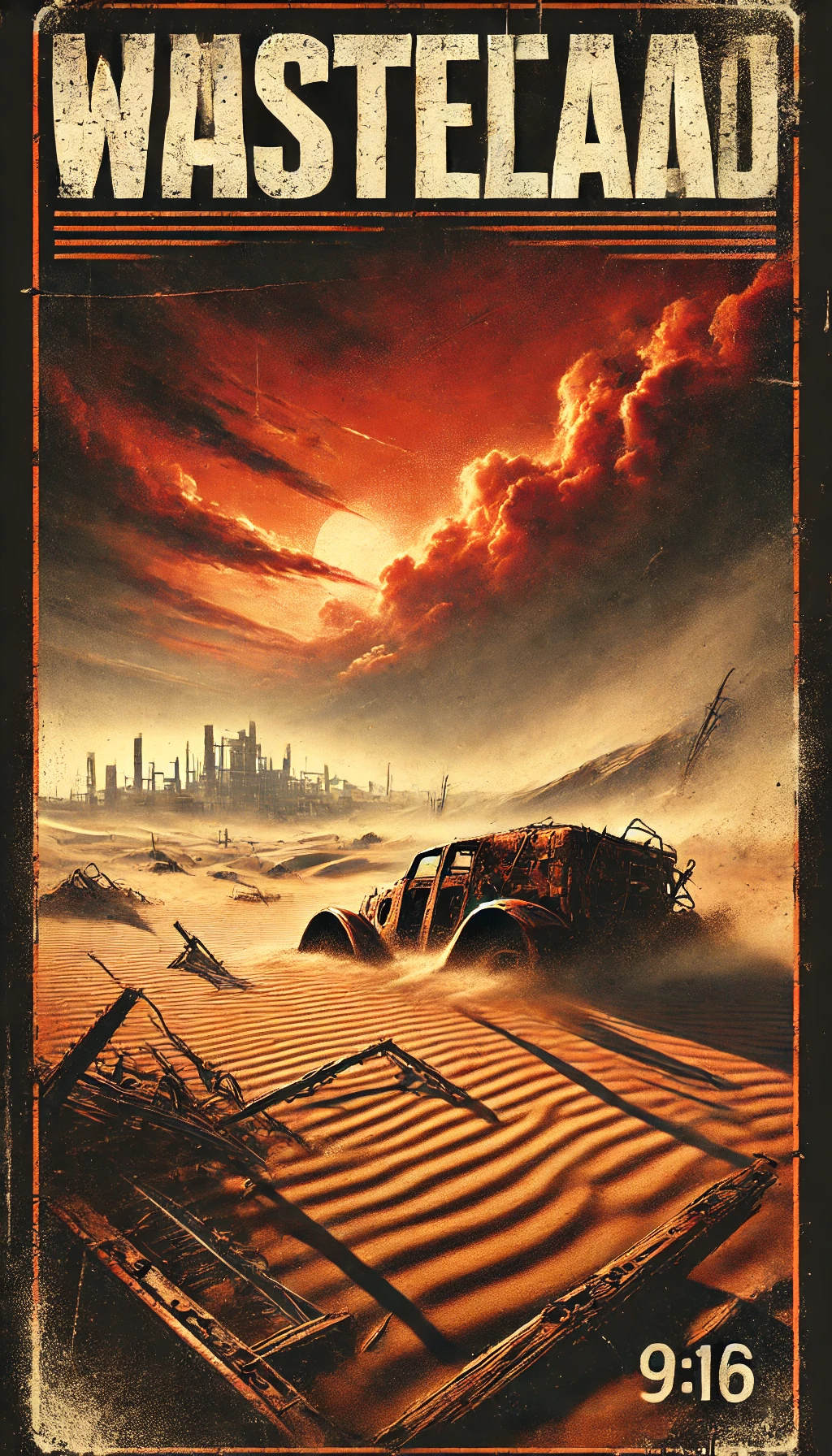A 916 image showing an apocalyptic desert with rusted machinery halfburied in the sand The sky is an ominous red with dark clouds swirling above In the distance a crumbling city can be seen barely visible through the dust storm The typography bold and cracked reads Wasteland Echoes at the top The color palette includes warm oranges and browns contrasted with cold grays Lighting is harsh with long shadows cast by the wreckage symbolizing a lost world The mood reflects abandonment desolation and the remnants of a oncethriving civilization