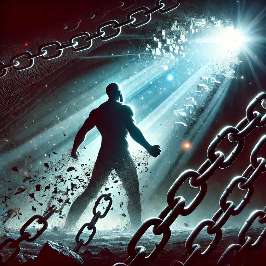 At 00118 Understanding the dark reality that society faces is the first step to combating it This image shows a powerful figure breaking free from shadowy chains which represent oppression and authoritarian control Behind the figure there are faint glimpses of hopesmall rays of light breaking through the darkness The broken chains symbolize the beginning of a fight for justice equality and freedom