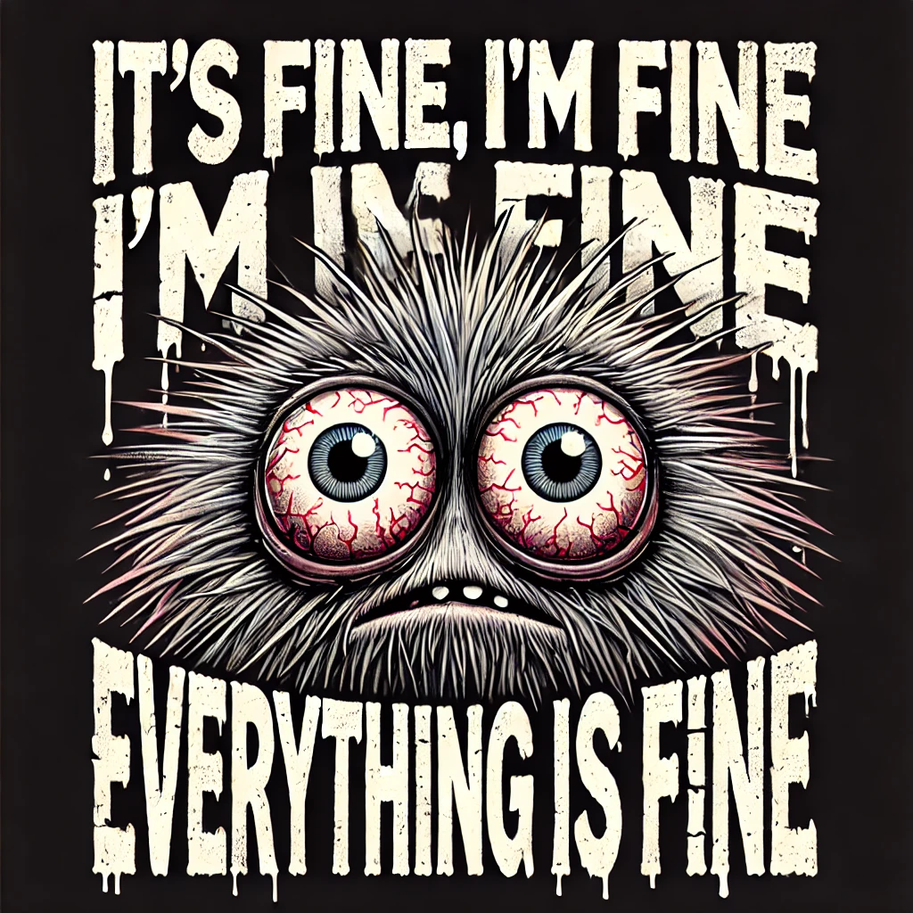 A humorous and chaotic design featuring a fuzzy disheveled creature with large bloodshot eyes staring wideeyed and the text Its Fine Im Fine Everything is Fine in a distressed quirky font The background is solid black The creatures fur is spiky and erratic adding to the sense of frazzled energy The typography is a mix of bold and uneven lettering matching the chaotic mood The image should convey a sense of humorous exhaustion and barelycontained stress with dark but playful colors