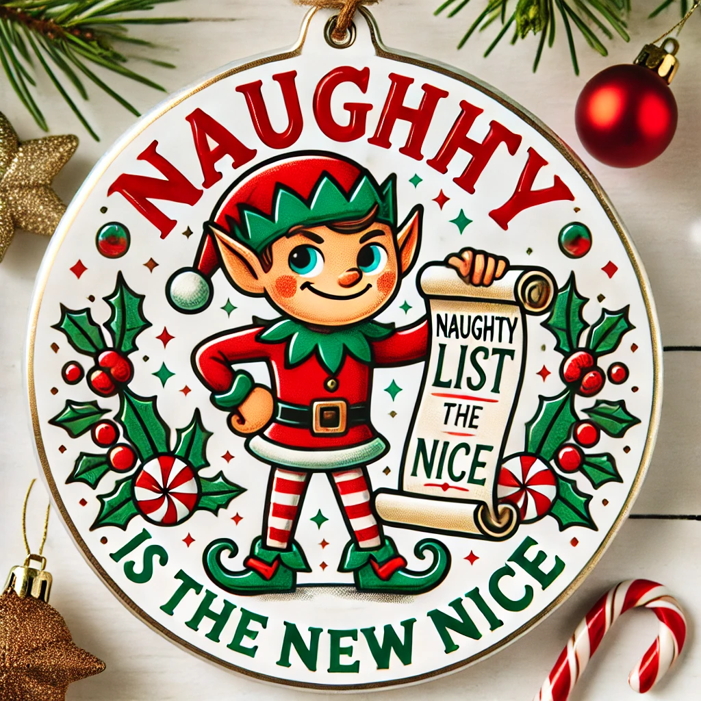 A playful circular ornament design featuring a mischievous elf proudly holding a Naughty List scroll The elf has a cheeky grin and is surrounded by candy canes ornaments and holiday decorations The phrase Naughty is the New Nice is written in festive bold typography above all elements perfectly contained within the circular frame