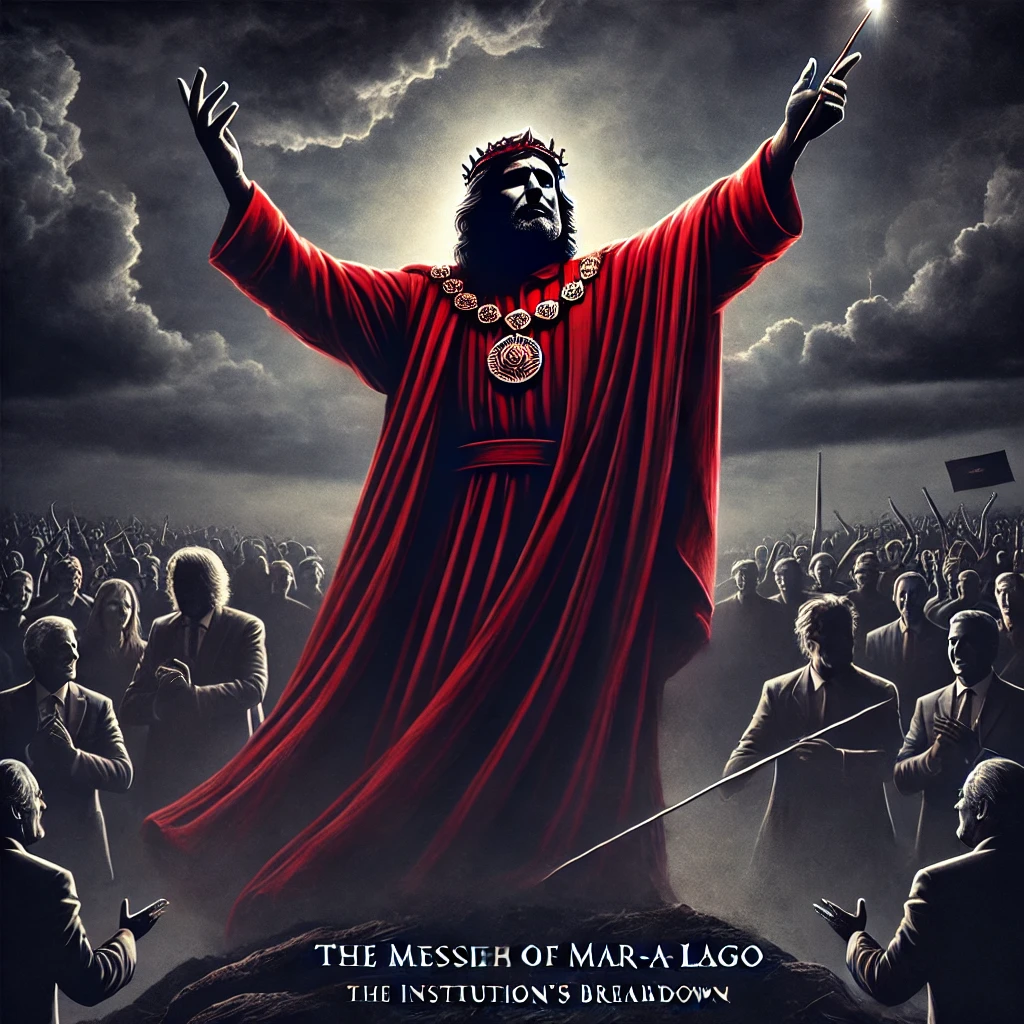 A powerful image of the Messiah of MaraLago in a red robe gesturing dramatically before a cheering crowd Behind him are shadowy figures representing power brokers pulling his strings while he stands unaware holding his scepter aloft The sky is stormy with a dark brooding atmosphere The typography is in shattered serif fonts to symbolize the institutions breakdown placed at the bottom of the image to conclude the narrative Lighting is high contrast emphasizing the illusion of grandeur with muted dark tones around the figure and pops of deep red to represent danger