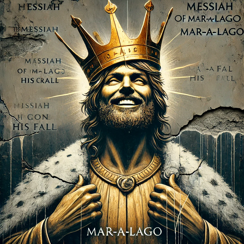 A striking image of the Messiah of MaraLago standing with a crooked tarnished golden crown on his head Behind him is a crumbling wall covered in graffiti that narrates his rise and fall The figure beams with pride completely oblivious to the cracks in the wall and his crown which symbolize the erosion of his authority Dramatic serif fonts are placed at the bottom to conclude the narrative High contrast lighting is used to highlight the tarnished gold on the crown while dark muted tones emphasize the decay of the background