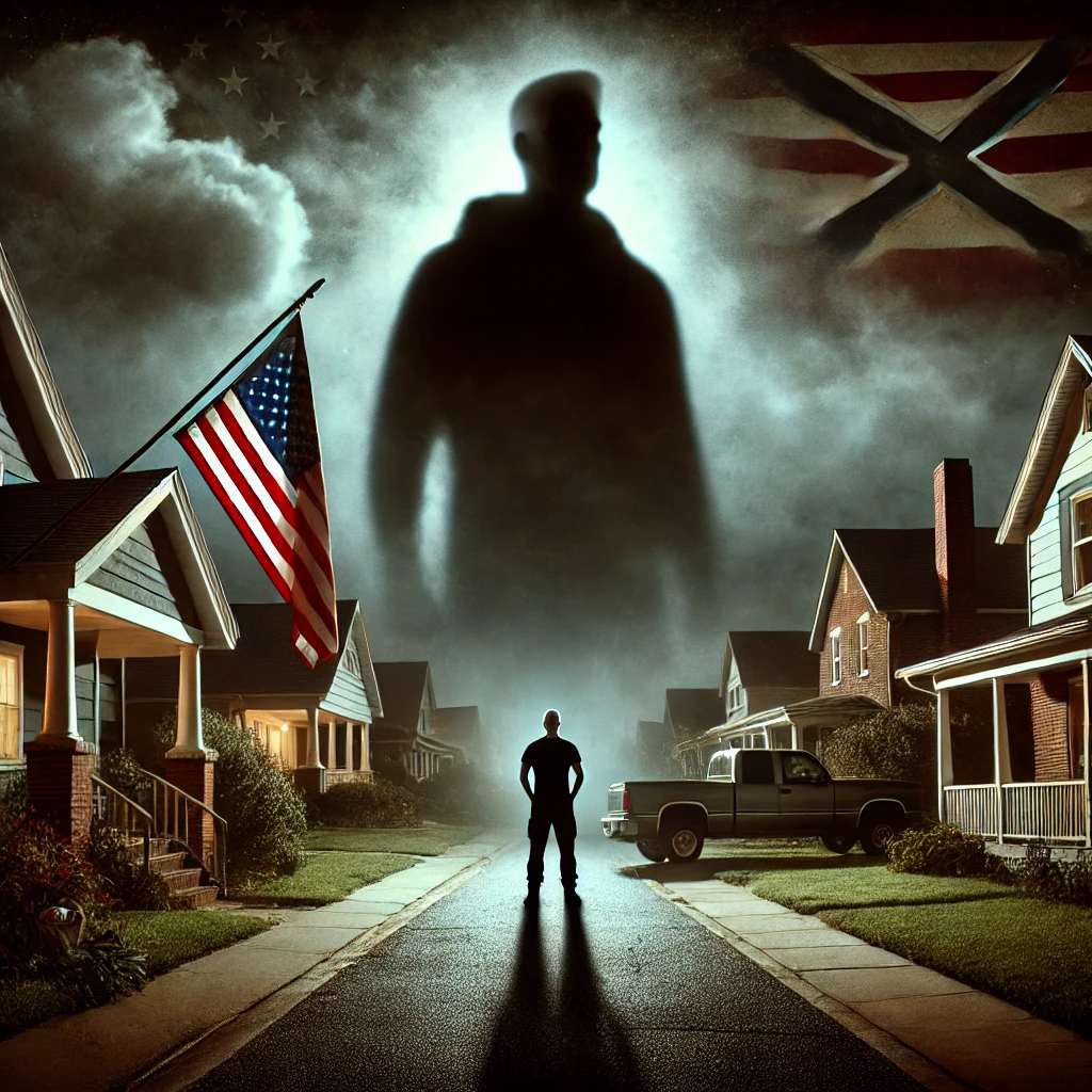 A shadowy figure stands tall in the background of a now darkened suburban neighborhood The once peaceful homes are now shrouded in shadows and dark clouds The American flag is tattered and ominous symbols subtly appear in the fog There is a looming threat in the distance growing larger symbolizing the encroachment of white supremacist ideologies The neighborhood is caught between light and darkness as the shadow overtakes more of the scene