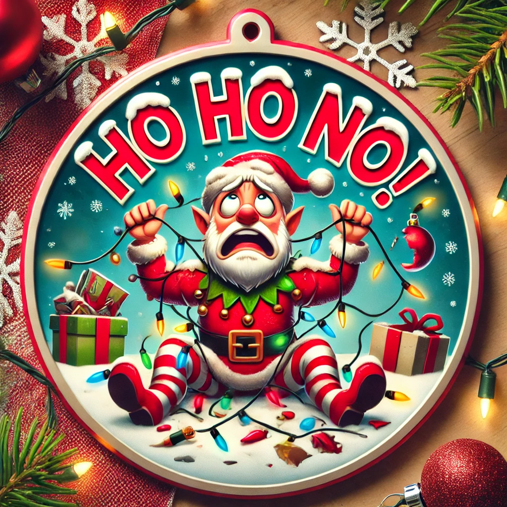 A humorous circular ornament design featuring Santa or an elf looking frustrated and overwhelmed by a holiday mishap The character is tangled in a mess of Christmas lights with broken ornaments and scattered presents around them The phrase Ho Ho No is written above in bold exaggerated font The scene is framed by snowflakes and holiday decorations all contained within the circular frame