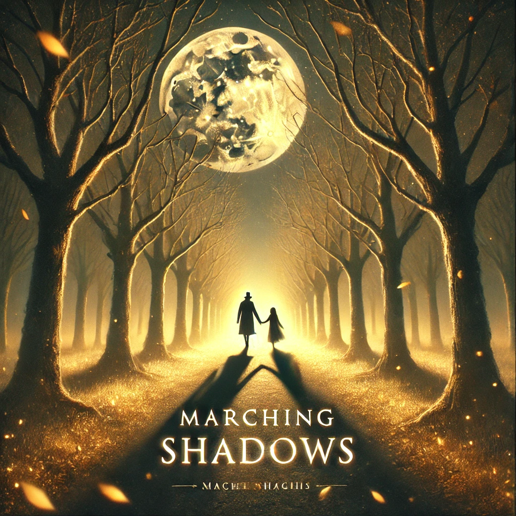 A figure walking through an enchanted forest at night holding hands with a shadowy companion The moon softly glows in the sky casting a serene light over the forest path lined with glowing trees Golden leaves gently fall around them creating an ethereal dreamlike atmosphere The text Marching Shadows is written in an elegant serif font softly glowing at the bottom of the image