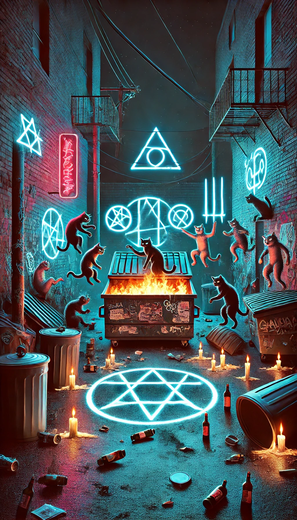 A creative variation of a dark alley scene filled with trash cans dumpsters and glowing graffiti TrashCats are now midaction some performing occult rituals while others are celebrating wildly by knocking over trash cans and drinking from bottles A bonfire burns in a dumpster and candles line the ground in chaotic patterns Neon symbols pulse with energy from the walls casting an otherworldly glow on the TrashCats The pentagram on the ground is glowing brighter with trash scattered around it The Dumpster Fire Happy Hour vibe is in full swing with a mix of magic and trash chaos