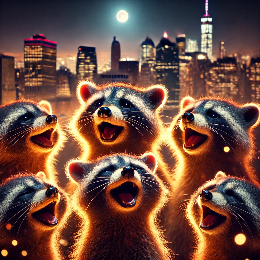 Closeup shots of raccoons singing passionately their faces illuminated by the warm glow of the fire and the cool light of the moon The city skyline looms in the background with towering buildings silhouetted against the night sky The raccoons expressions are filled with joy and excitement harmonizing in a powerful chorus The city lights twinkle like stars enhancing the magical and spirited atmosphere