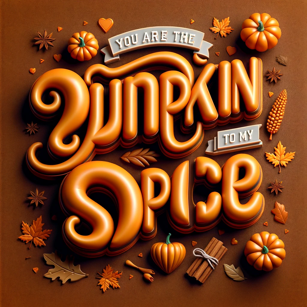 An autumnthemed image with correct spelling for the phrase You are the Pumpkin to my Spice using 3D inflated puffy typography on a 2D surface The letters should be rounded and bold giving a soft pillowy effect that stands out The background includes fall elements like pumpkins cinnamon sticks autumn leaves and rich warm colors like orange brown and gold The design has a clean vibrant look with detailed highlights on the typography making it feel both cozy and modern