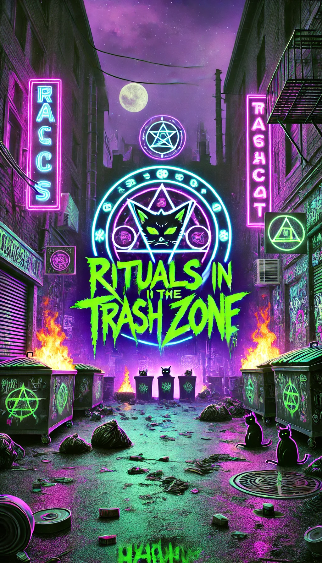 A dark and gritty urban alley with neon signs graffiti and trash cans overflowing with debris In the center glowing occult symbols are spraypainted onto the walls with TrashCats performing rebellious rituals The title Rituals in the Trash Zone is written in bold jagged graffitistyle font glowing neon green and purple The backdrop is a chaotic scene with flames from dumpsters and flickering lights reflecting the rebellious nature of the TrashCats The typography stands out blending into the trashy anarchic vibe of the environment