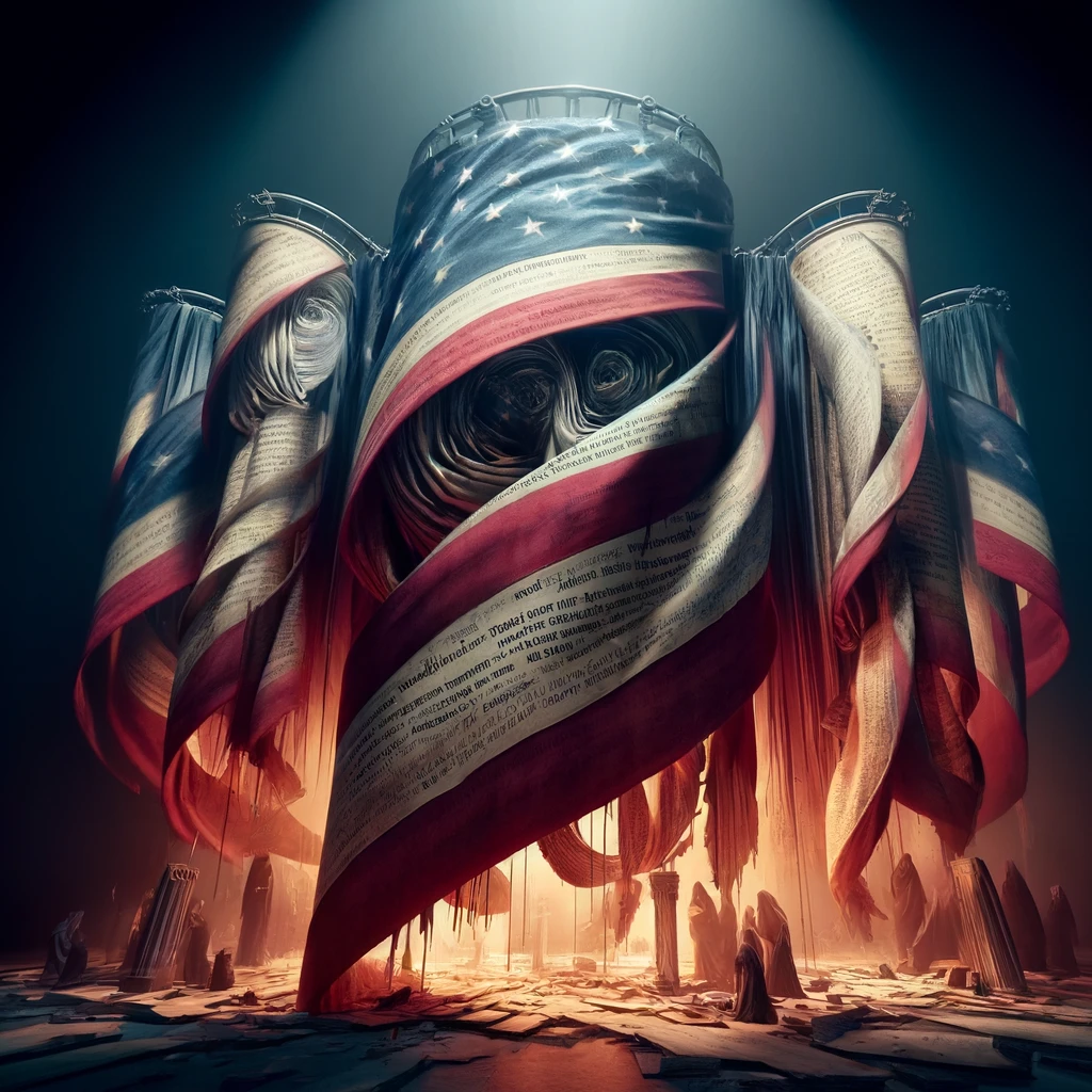 At 00053 The language of patriotism and traditional values is distorted in this image with twisted banners and scrolls draped over cracked and broken pillars of society The imagery is meant to reflect how these values have been manipulated to dismantle the fabric of the nation The scrolls are worn and fading while the shadows of cloaked figures linger in the background watching silently The lighting is dim with subtle red accents representing the hidden dangers within these distorted ideals