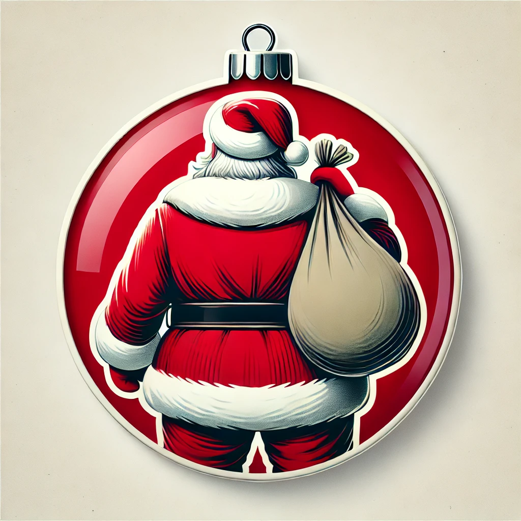 A circular ornament design showing the back of Santa Claus facing away Santa is wearing his red coat with white trim his sack of presents slung over his shoulder The design is festive and fun with the focus on Santas back fully contained within the circular frame perfect for the back side of a twosided ornament