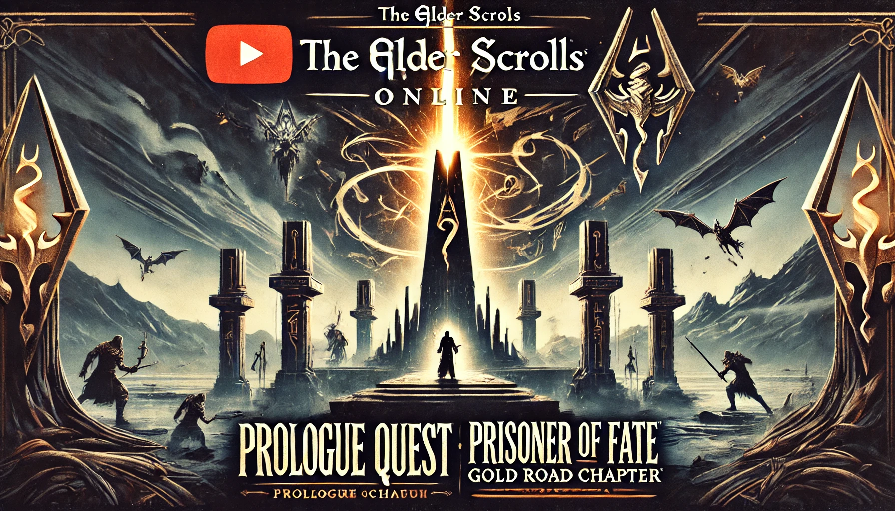 A 169 YouTube cover image for an Elder Scrolls Online walkthrough The cover features the bold gothic typography Prologue Quest Prisoner of Fate and Gold Road Chapter The background displays a dark fantasy landscape with mystical platforms and glowing Daedric runes A beam of light shoots from an ancient obelisk with shadowy figures and magical energy swirling around all inspired by the Elder Scrolls aesthetic