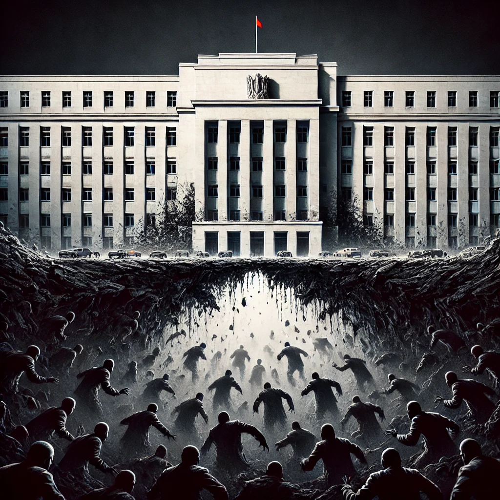 The pristine facade of a government building begins to crumble and crack From beneath dark shadowy figures emerge their silhouettes barely visible The scene conveys the slow reveal of hidden malevolence and the breakdown of the seemingly clean and controlled surface Dramatic contrast between the brightly lit cracks and the deep enveloping shadows that obscure the emerging figures Dark grays and blacks dominate the crumbling facade with small highlights of red and white hinting at the remnants of authority
