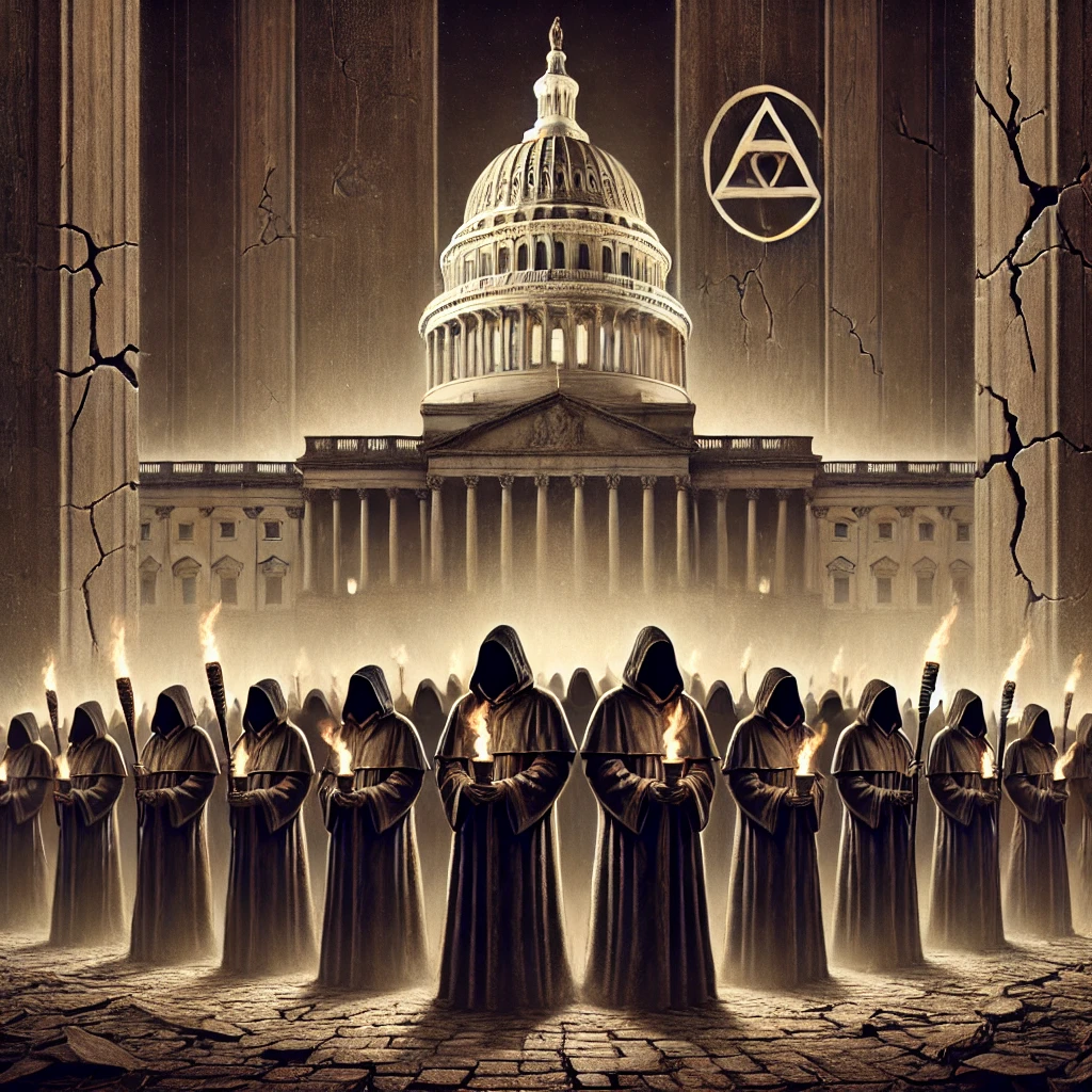At 00048 The image depicts cloaked figures standing in positions of power their faces hidden in shadow draped in dark robes symbolizing manipulation and control Behind them an imposing backdrop of government buildings looms cracked and worn They represent the infiltration of white supremacy into the halls of power fueled by groups like the Heritage Foundation The figures hold torches that flicker with an eerie glow hinting at the flames of division and bigotry they stoke This image portrays the sinister control hidden beneath the surface of authority