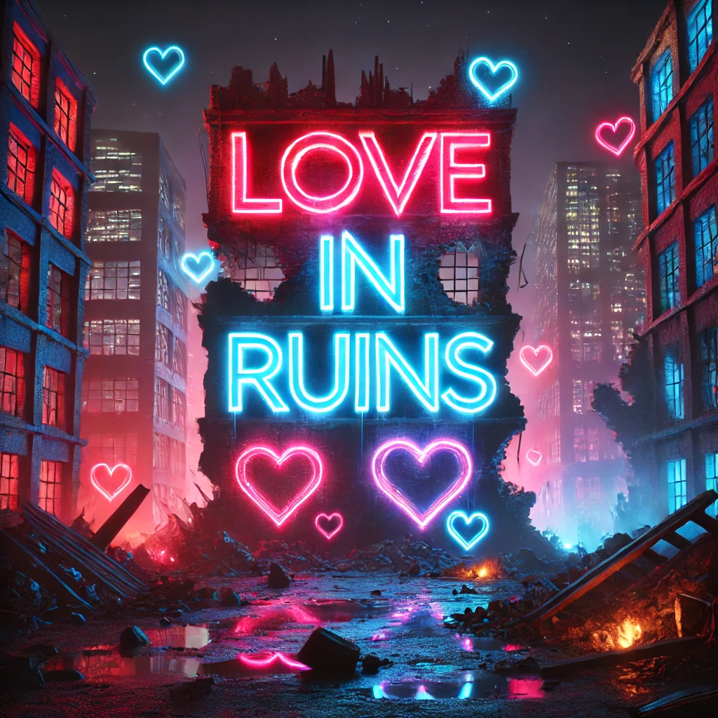 Cover image of a neonlit cityscape with glowing graffiti hearts on crumbling walls The setting is dark and dystopian with vibrant neon lights contrasting against a broken desolate urban environment The words Love in Ruins are displayed in bold inflated puffy 3D typography on the side of a shattered building The overall lighting is dramatic highcontrast with red and blue neon accents that highlight the decaying landscape Text Placement The title Love in Ruins is prominently placed on the side of the building in a vertical orientation Text content Love in Ruins Colors Neon pink electric blue and muted grays