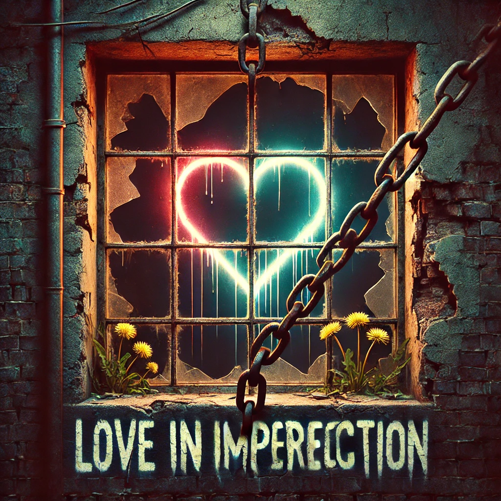 A cracked window with a rusty chain hanging loosely beside it The graffiti heart glows faintly on a crumbling brick wall while dandelions grow in the cracks of the concrete The title Love in Imperfection appears in a faded melancholic font surrounded by neon lights and chipped paint