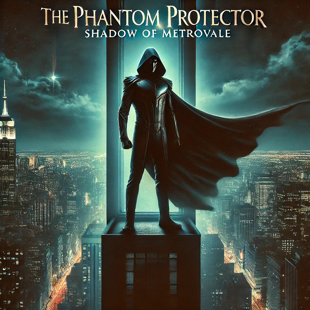 A dramatic urban night scene of the Phantom Protector a dark shadowy figure standing atop a towering skyscraper in Metrovale overlooking the city The city below is bathed in moody neon lights creating a stark contrast between the dark ominous sky and the vibrant cityscape The Phantom Protector wears a sleek black suit with a flowing cape and the lighting creates deep mysterious shadows across his form Typography floats above saying The Phantom Protectors Shadow of Metrovale in a bold sharp font that evokes mystery and authority