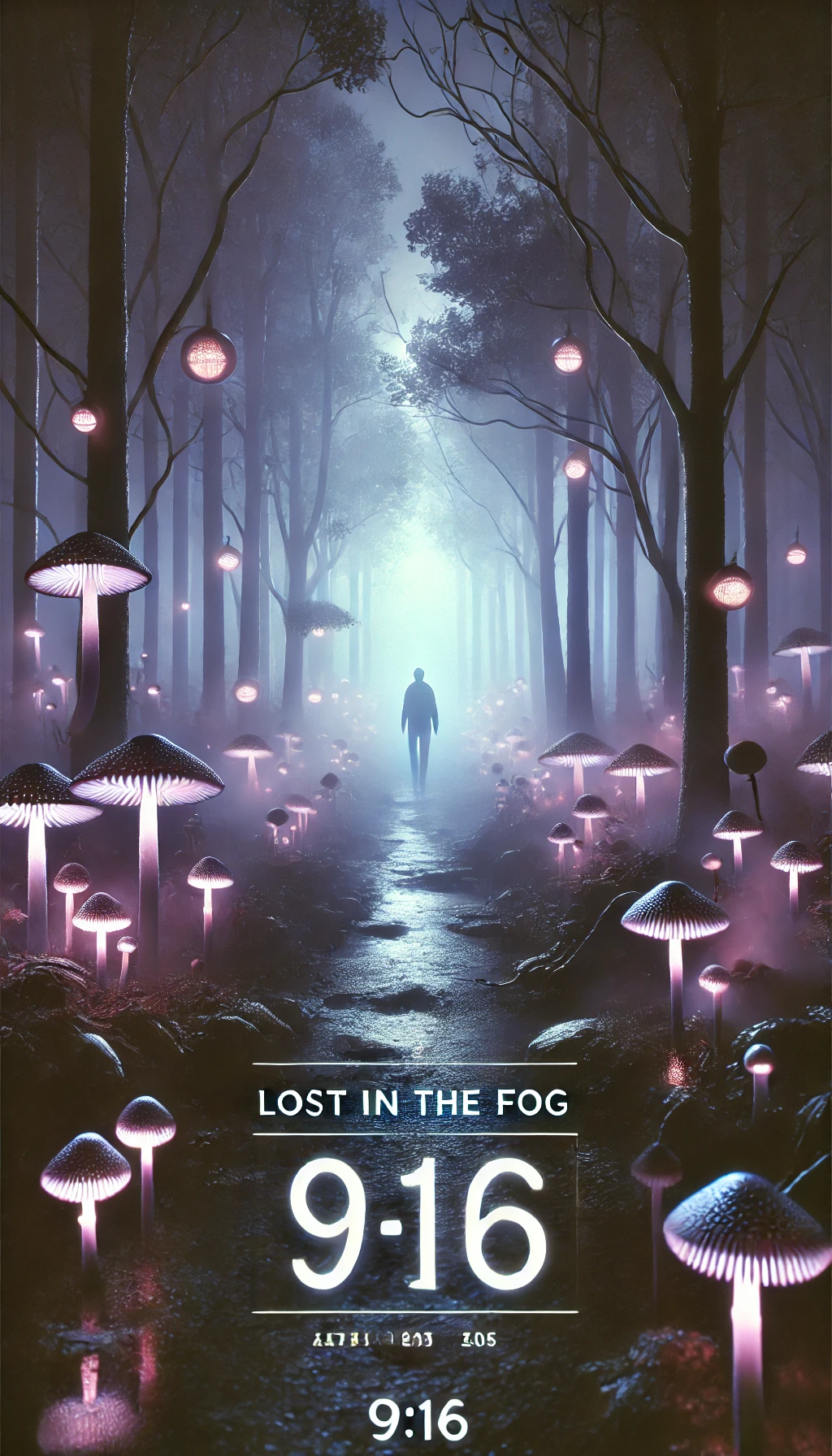 A 916 image featuring an eerie forest illuminated by glowing mushrooms and mysterious lights The trees are twisted and fog rolls through the scene adding to the sense of unease In the foreground a figure walks down a narrow path their face obscured by shadows The typography soft and ghostly reads Lost in the Fog placed at the bottom The color palette is cool and moody with shades of purple blue and silver The lighting is soft with a slight glow giving the forest an ethereal feel representing mystery and isolation