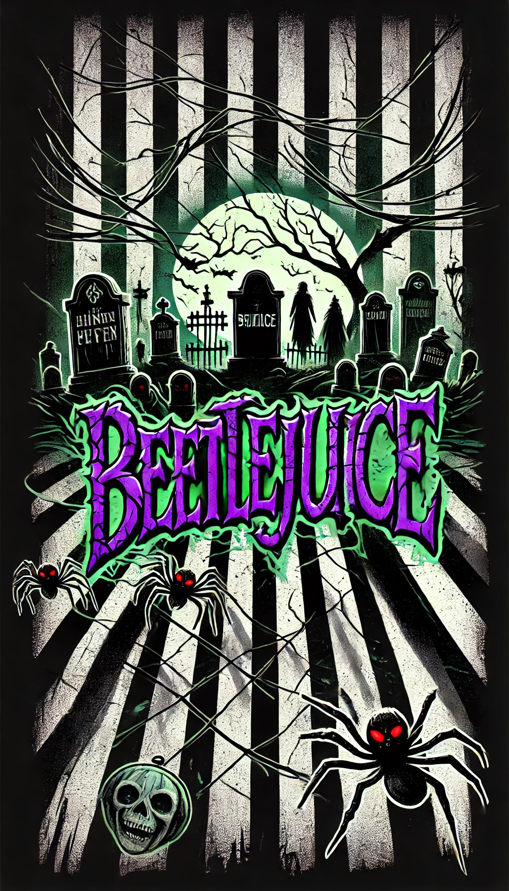 A Gothicthemed design with the text BeetLeJuice written in a sharp cracked Gothic font The text is dark purple with a subtle green glow giving it a spooky appearance The background features blackandwhite stripes with shadows of tombstones and ghostly figures emerging between the lines creating the illusion of a hidden graveyard Spiders with red eyes crawl across the stripes adding a sinister element Faint moonlight shines from behind the text casting eerie shadows and giving the scene a haunted eerie look