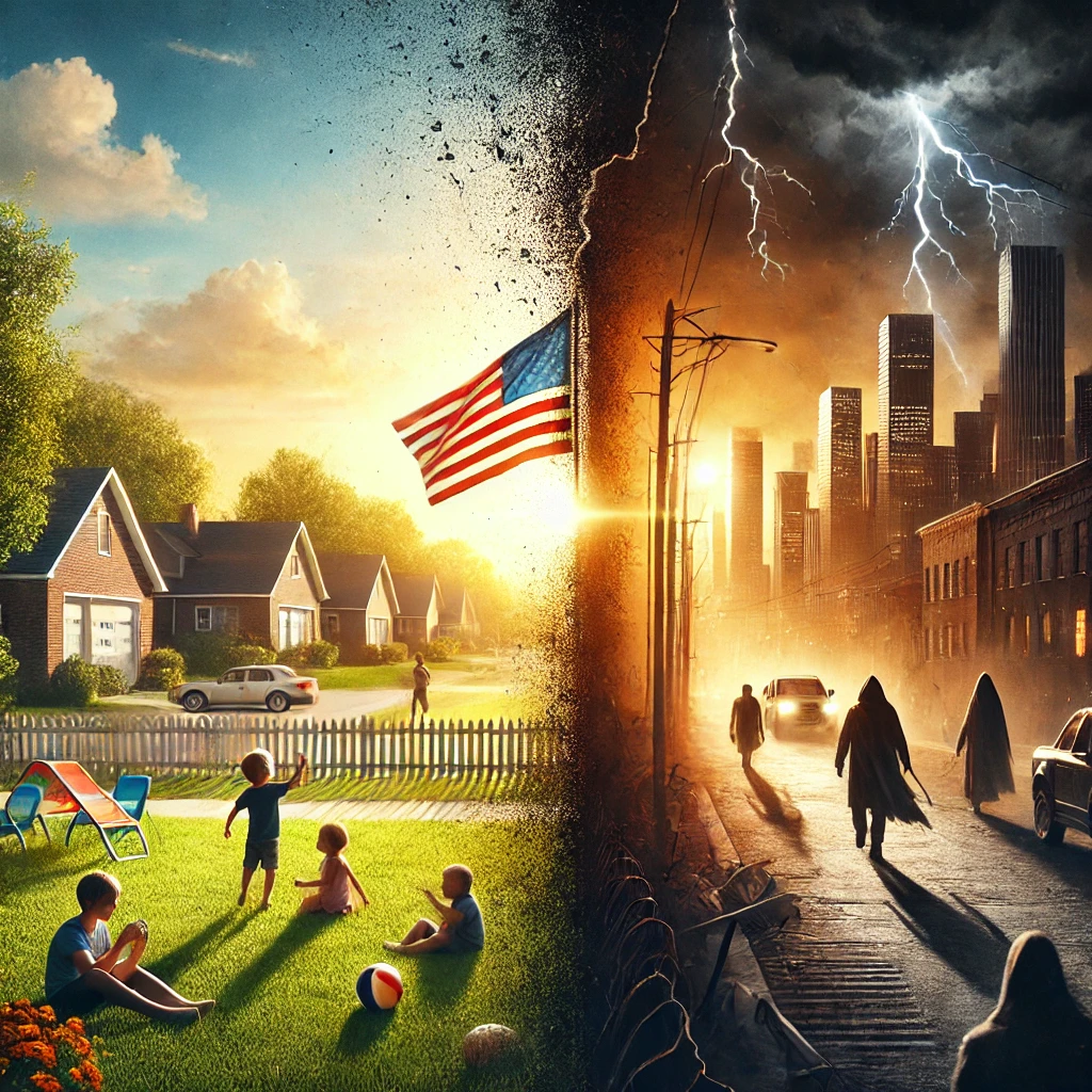 A creative splitscreen transition scene on the left side a serene suburban neighborhood at daylight with children playing a bright American flag waving peacefully and warm goldenhour lighting On the right side a dark and stormy cityscape at night with shadowy figures looming in the streets a broken flagpole with a tattered flag and ominous lighting from street lamps Cracks start to form in the peaceful side as darkness seeps into it from the right side with the split screens slowly merging into a shattered landscape of chaos and collapse Typography appears with the word Divide on the left in a soft inviting font and Conquer on the right in a cracked harsh font breaking apart as the two sides merge