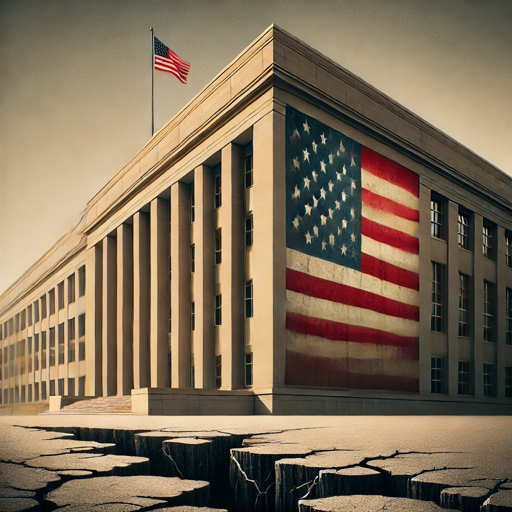 A government building with a polished clean exterior prominently featuring the American flag Hidden cracks and shadows creep from beneath the foundation revealing subtle menacing imagery in the background Soft light highlights the exterior with darker shadows creeping into view to reveal the hidden agenda Muted patriotic colors with darker undertones