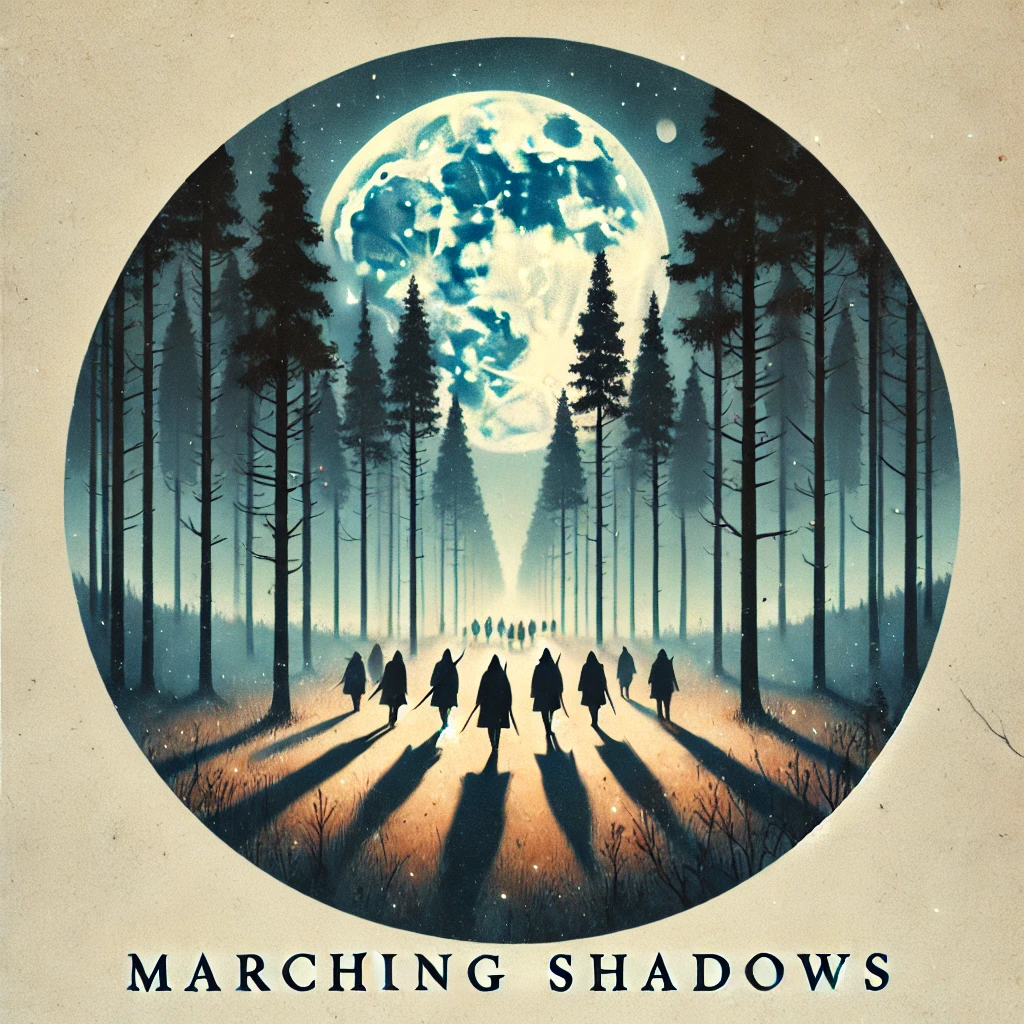 An indiefolk album cover featuring a moonlit forest where shadowy figures march through tall trees The ethereal light of the moon casts long shadows on the ground with a hint of mystery and magic Typography reads Marching Shadows in soft handwritten font The mood is serene but haunting with a mix of blues and golden tones The background is slightly blurred to focus on the figures and give it a dreamy atmosphere