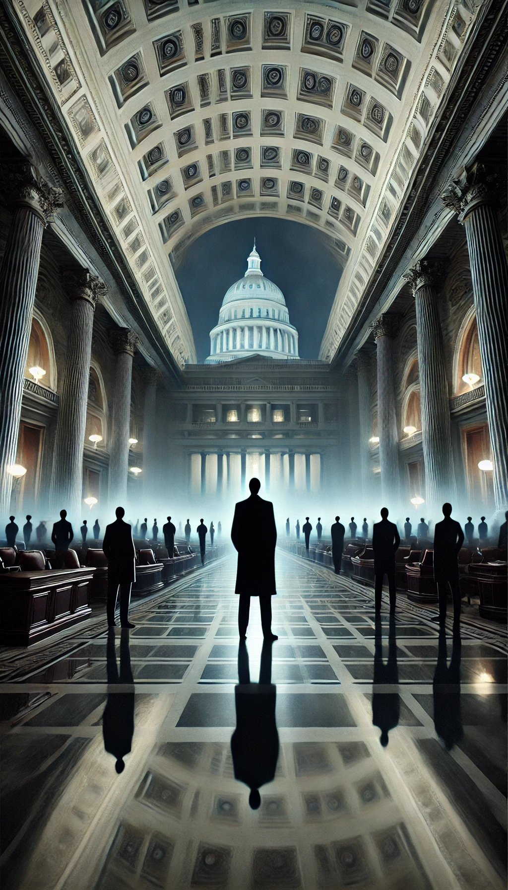 At 00044 The threat of white supremacy has infiltrated the halls of power Shadowy figures stand confidently in government buildings their influence spreading like an invisible web throughout the corridors The buildings are grand but cold with a feeling of suppression and authoritarian control The sky above is dark and filled with ominous clouds