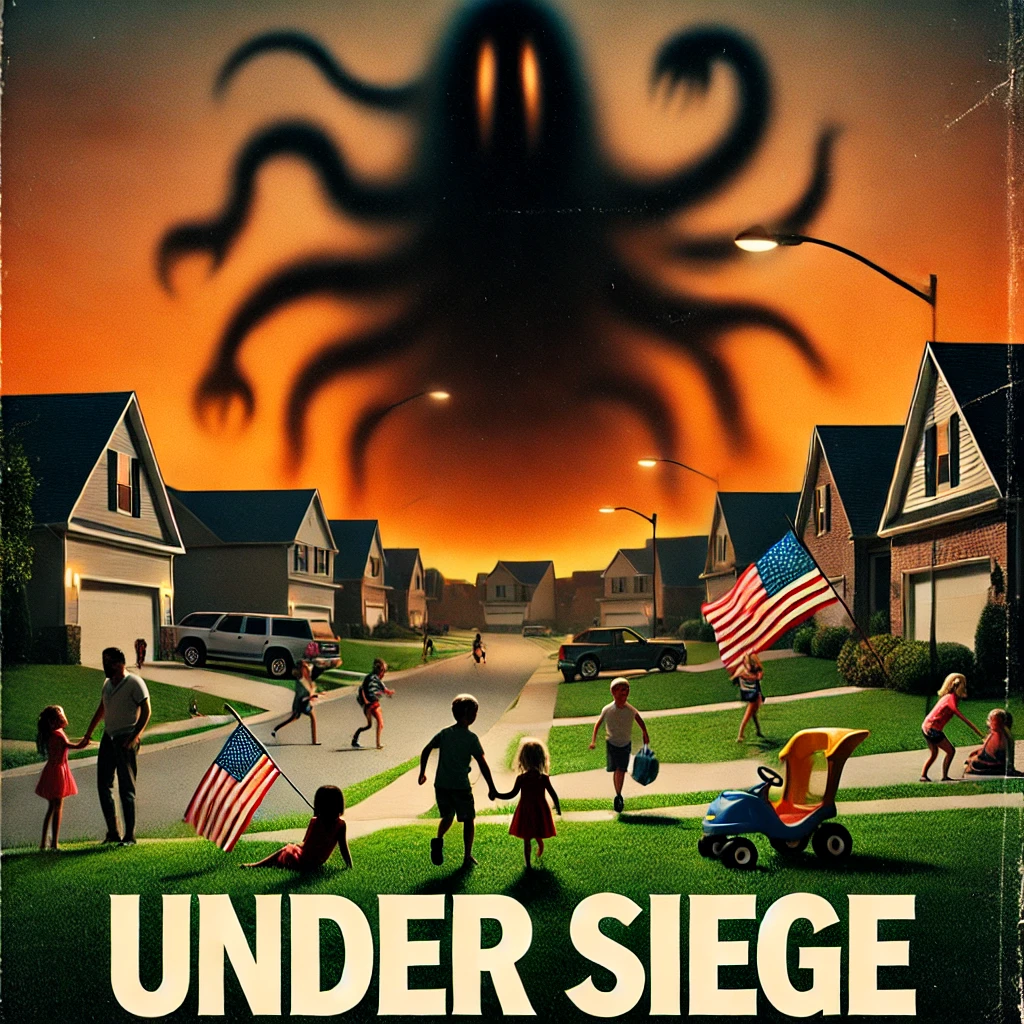 A serene suburban neighborhood scene at dusk with children playing on green lawns and American flags waving in the gentle breeze In the distance ominous dark shadows start to creep closer from the horizon The shadows have a faint abstract form representing an unseen but growing threat The contrast between the warm sunset lighting and the encroaching darkness creates an eerie and unsettling atmosphere Bold typography at the bottom reads Under Siege in sharp strong fonts while The American Dream floats softly in cursive at the top
