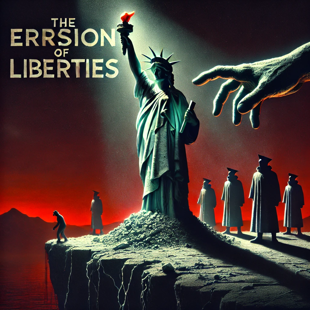 Main Image The Erosion of Liberties Scene The image shows a oncevibrant statue of Lady Liberty beginning to crumble She stands at the edge of a cliff with shadows of authoritarian figures looming over her their hands reaching out like tendrils of manipulation The sky is dark with an eerie red glow on the horizon symbolizing a looming threat Lighting Dark and dramatic with a strong spotlight on Lady Liberty showing her crumbling and eroded form The shadows of authoritarian figures are dimly lit giving them a sinister and vague presence Typography The Erosion of Liberties in bold fractured letters across the top hinting at the crumbling of ideals