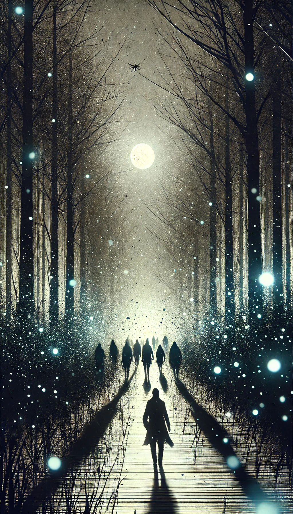 A darker more abstract version of a moonlit forest path Shadowy figures march forward but their forms are breaking apart into particles of shadow The fireflies are replaced with faint orbs of light and the moonlight is harsher casting highcontrast shadows The atmosphere is more abstract focusing on the eerie presence of the shadows with deep blacks and soft silvers No typography in this version the image relies solely on its visual impact