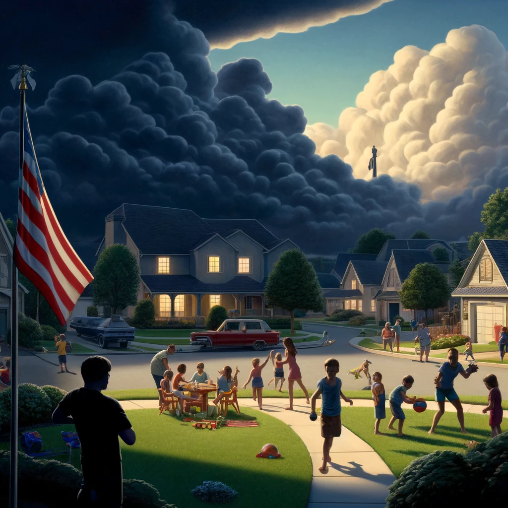 A picturesque suburban American neighborhood with children playing and neighbors chatting The scene begins to darken around the edges with shadowy figures slowly encroaching from the background The symbols of liberty such as the American flag are still visible but now slightly faded indicating a looming threat A storm brews in the distance with dark clouds overtaking the once clear blue sky