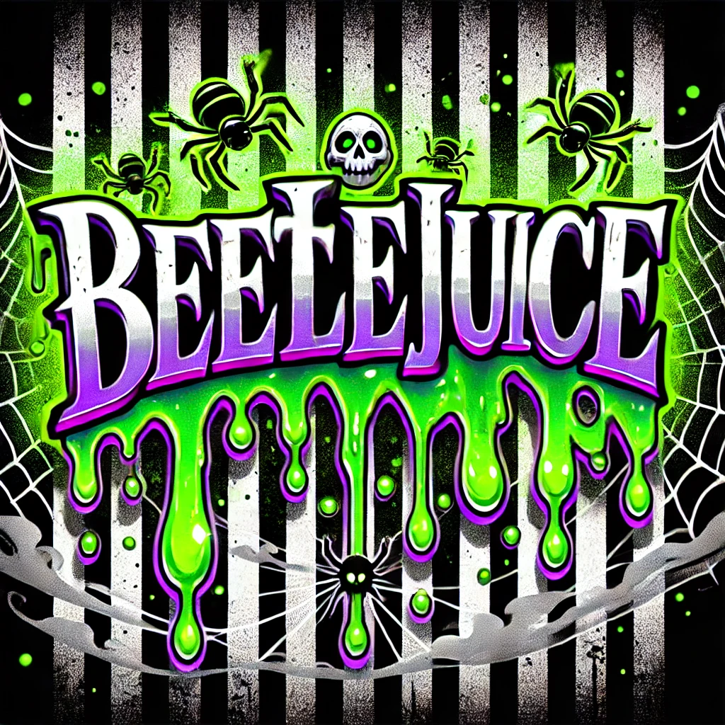 A spooky design with the text Beetlejuice written in a dripping gooey font with slime dripping from each letter The text glows in neon green with a purple glow giving it a supernatural look The background is blackandwhite stripes with faint green slime splatters between the lines and a few slime drops falling from the top Glowing spiders with a gradient from neon green to orange crawl across the stripes appearing radioactive Ghostly wisps and smoky swirls in the background add depth creating a haunted and eerie atmosphere