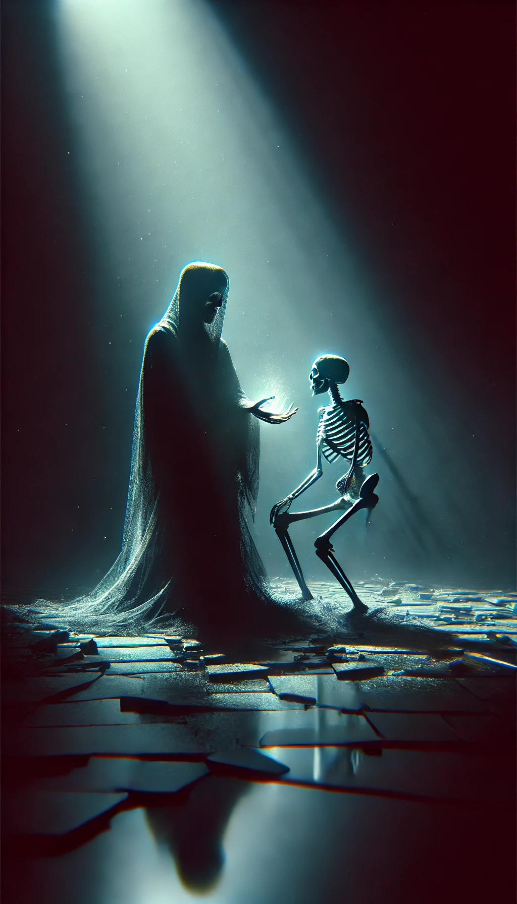 A darker more abstract version where Deaths form is less definedmore of a shadow than a figure The skeletal hand is glowing faintly creating an eerie contrast against the figure holding it The surroundings are completely black with only the figure and Death illuminated in a pale blue light The ground is shattered with beams of light pouring through the cracks The atmosphere is haunting with a minimal focus on detail and more on mood and abstraction