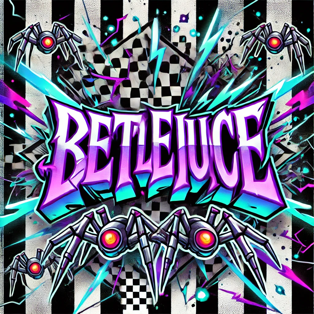 A dynamic and chaotic design with the text Beetlejuice written in a bold blocky font with electric crackles around the edges of the letters The text glows in bright neon purple with electric blue and green sparks radiating from it The background features blackandwhite stripes with zigzag patterns of electric bolts scattered throughout Robotic metallic spiders with glowing red eyes crawl across the stripes adding to the chaotic electric theme Small flashes of lightning and electrical sparks give the design an energetic and unpredictable vibe