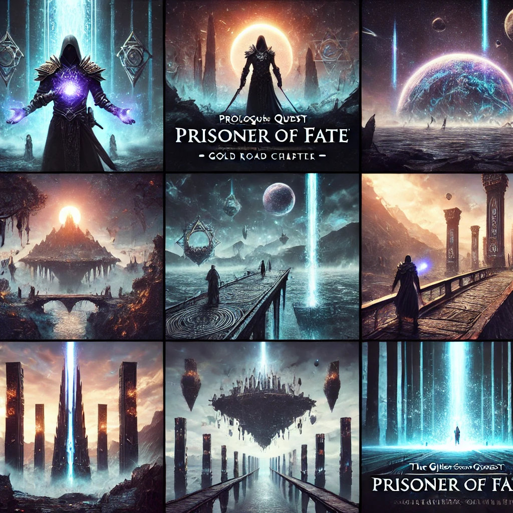 A series of YouTube thumbnails in a dark mystical theme featuring the Prisoner of Fate quest in Elder Scrolls Online Show multiple images in different creative styles including one with a Daedric warrior standing amidst glowing ethereal lights another with ancient floating platforms connected by bridges in a surreal landscape and one with a towering obelisk emitting a beam of blue light into the sky Typography in various bold gothic fonts displaying Prologue Quest Prisoner of Fate  Scions of Ithelia DLC  Gold Road Chapter  ESO Use different color palettes to showcase dark fantasy themes with glowing magical elements