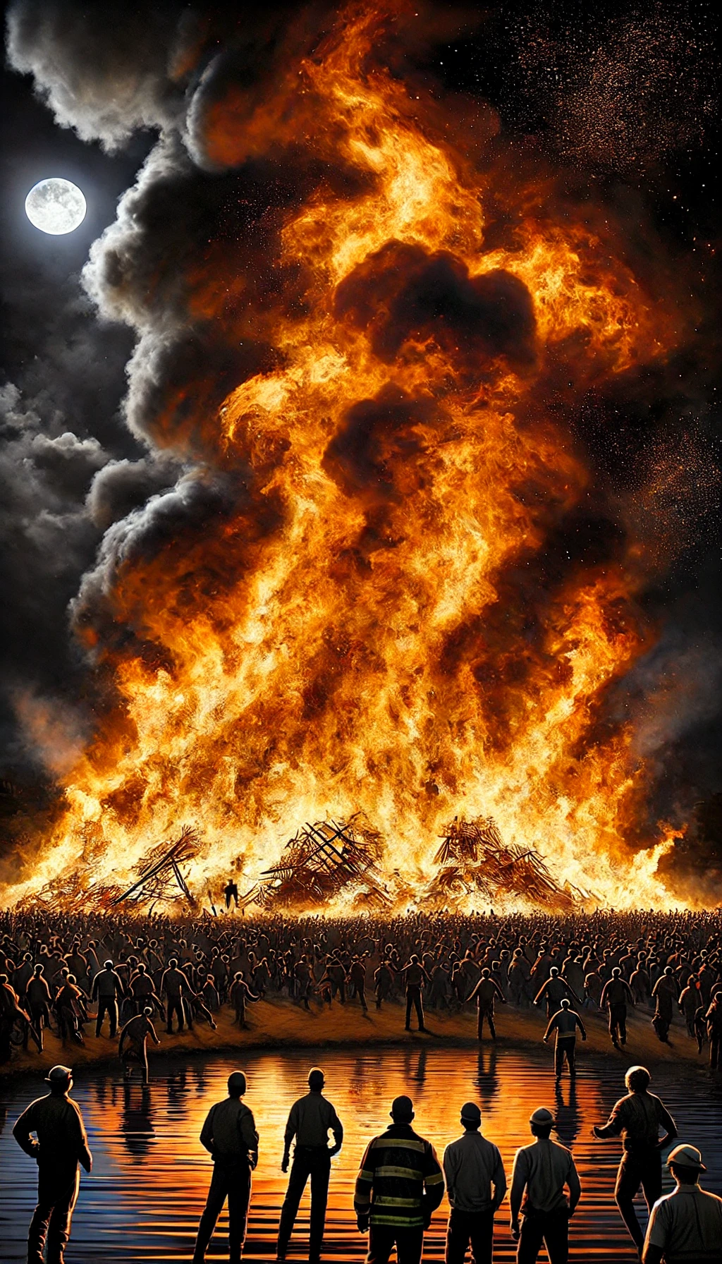 At 00108 A regime fueled by the flames of bigotry continues to grow The image shows a massive bonfire consuming everything in its path with people on the fringes trying to escape the heat The flames are vivid but the background is filled with shadows that loom larger as the fire grows It represents hate spreading like wildfire