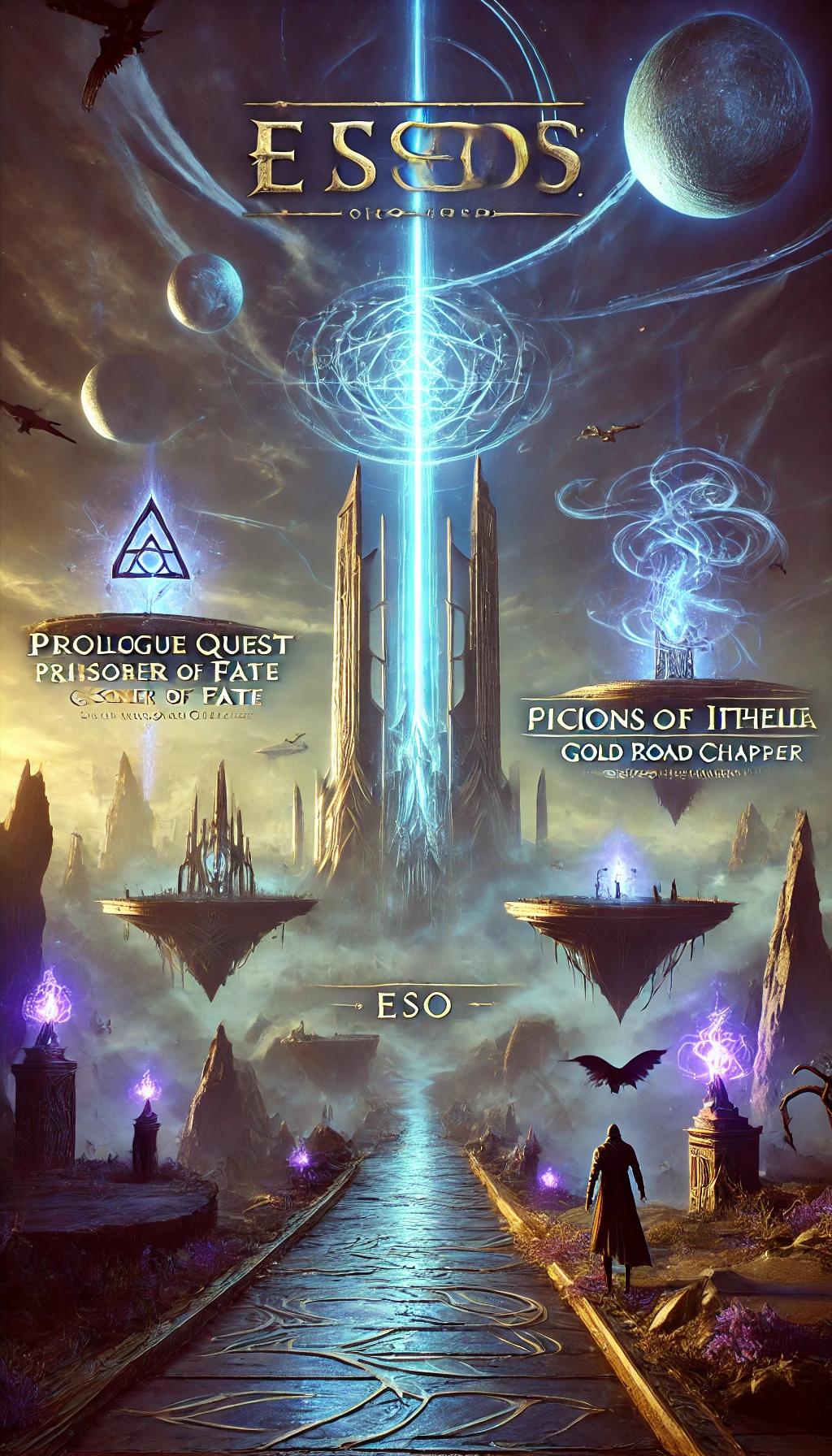 A mystical landscape featuring floating platforms and glowing Daedric symbols with a tall obelisk emitting a beam of blue light into the sky Shadowy figures and magical tendrils swirl around the obelisk Typography in bold gothic font reads Prologue Quest Prisoner of Fate  Scions of Ithelia DLC  Gold Road Chapter  ESO