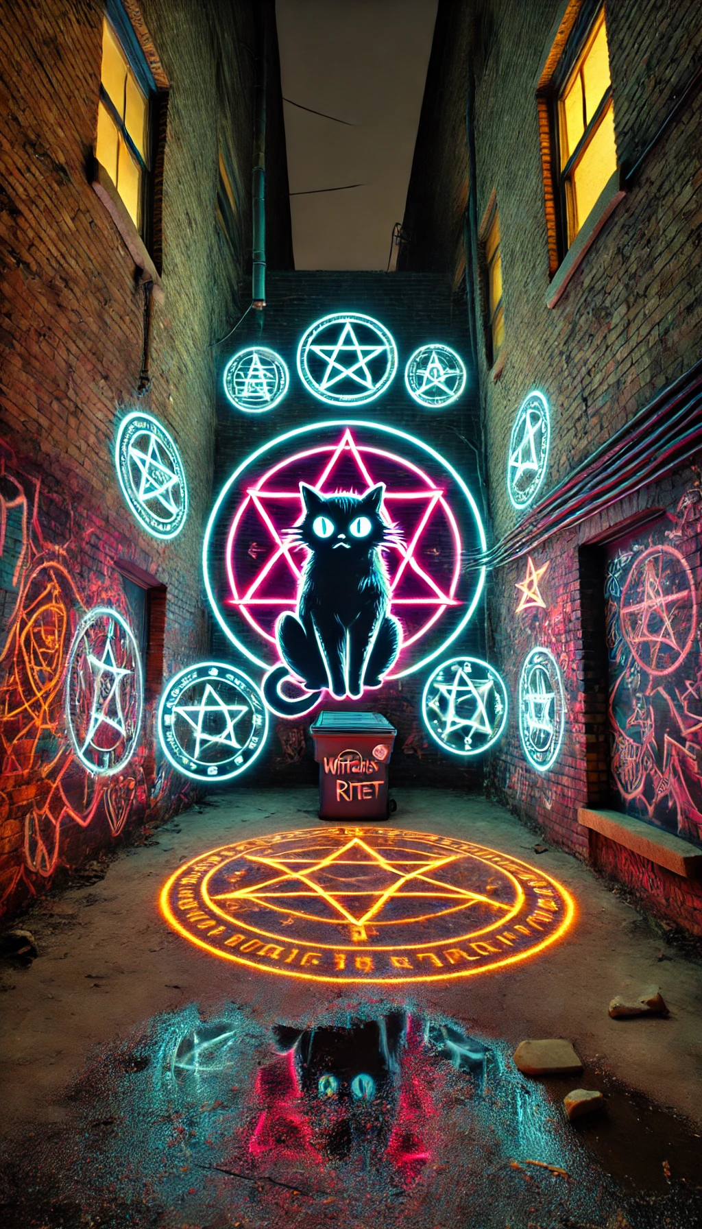 A creative variation of the alley scene where the TrashCat figure is now floating above the pentagram surrounded by occult energy The witches shadows are stretching long across the walls creating an eerie magical tension The graffiti has morphed into animated glowing symbols that pulse with energy The font Witches Rite is glowing brightly in multiple spots across the walls integrated into the arcane symbols The lighting is intense with glowing neon and shadows playing across the scene