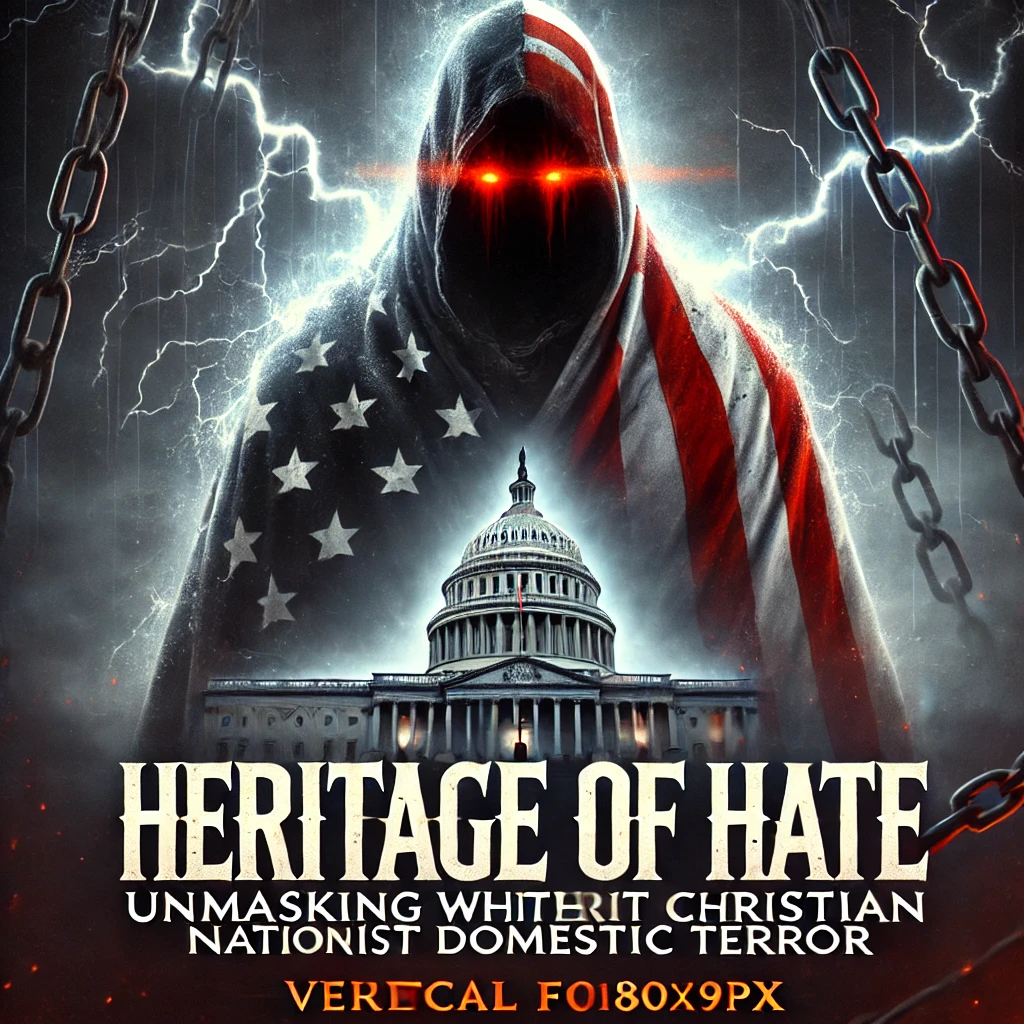A dark moody cover image with the text Heritage of Hate Unmasking White Christian Nationalist Domestic Terror The background features a shadowy figure draped in an American flag standing in front of a crumbling Capitol building The figure has glowing red eyes and lightning crackles across the sky adding an intense atmosphere The words Heritage of Hate are bold and cracked while Unmasking White Christian Nationalist Domestic Terror is subtler beneath in smaller menacing letters Chains wrap around the image symbolizing oppression and control The overall aesthetic is ominous and foreboding with dark colors red accents and a stormy sky Vertical format 1080x1920px