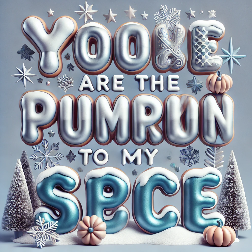 A winterthemed image with the phrase You are the Pumpkin to my Spice in 3D inflated puffy typography The letters should appear soft and rounded with a glossy effect standing out from a 2D wintery background The design includes elements like snowflakes pine trees and frosted gingerbread cookies The colors should reflect a cool winter palette with shades of icy blue white and soft silver while still retaining the cozy feel of the typography