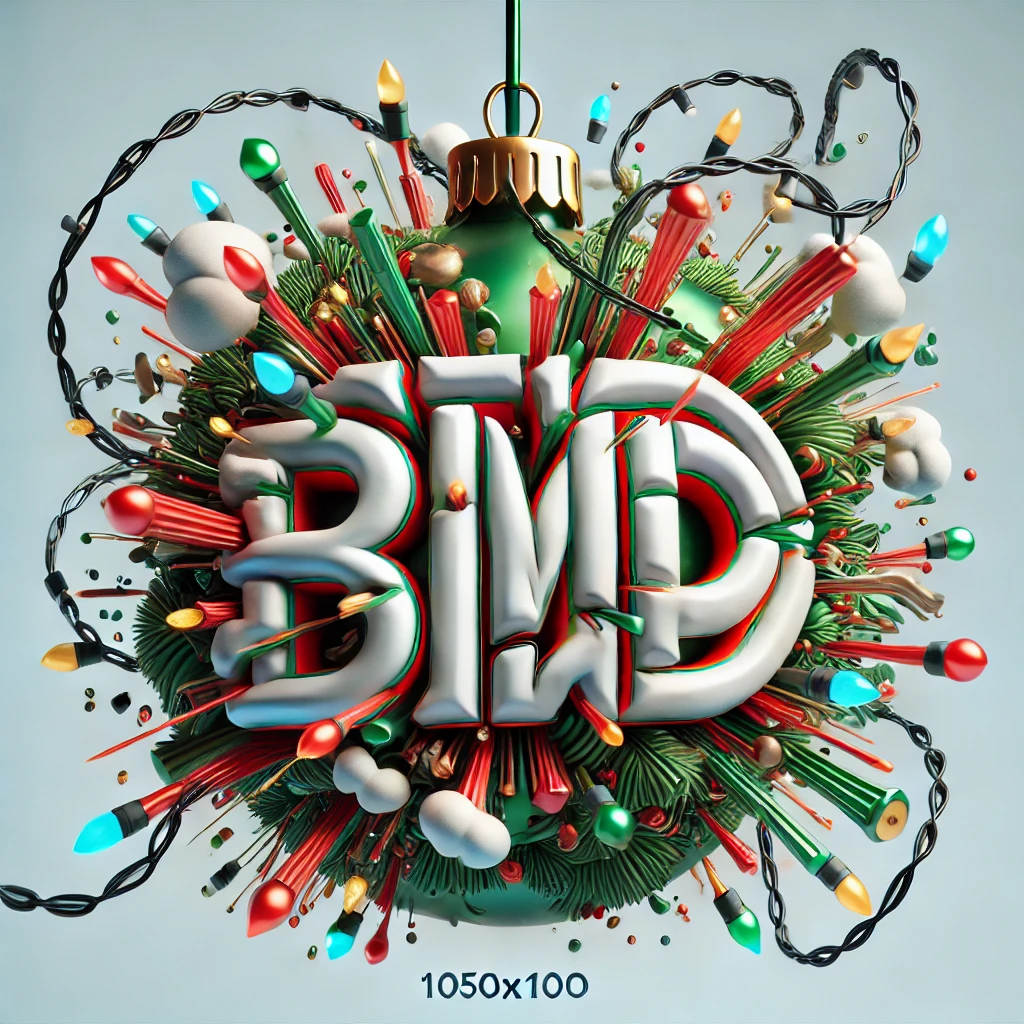 A 1050x1050 circular design featuring puffy 3D elements on a 2D surface The design includes bold animated typography with jagged edges that curve around the circular shape of the ornament The text appears to be breaking free creating a playful and mischievous festive energy Around the edge of the circle strands of glowing Christmas lights twist in and out adding splashes of vivid red green and gold colors The entire scene including the scattered debris and explosive typography is contained within the circular frame The design maintains balance humor and festivity without becoming overcrowded or too busy The background is light and clear with no realistic textures or human figures Negative prompts out of frame blurred low resolution text outside the circle too busy overcrowded human figures dark lighting unrelated objects realistic textures
