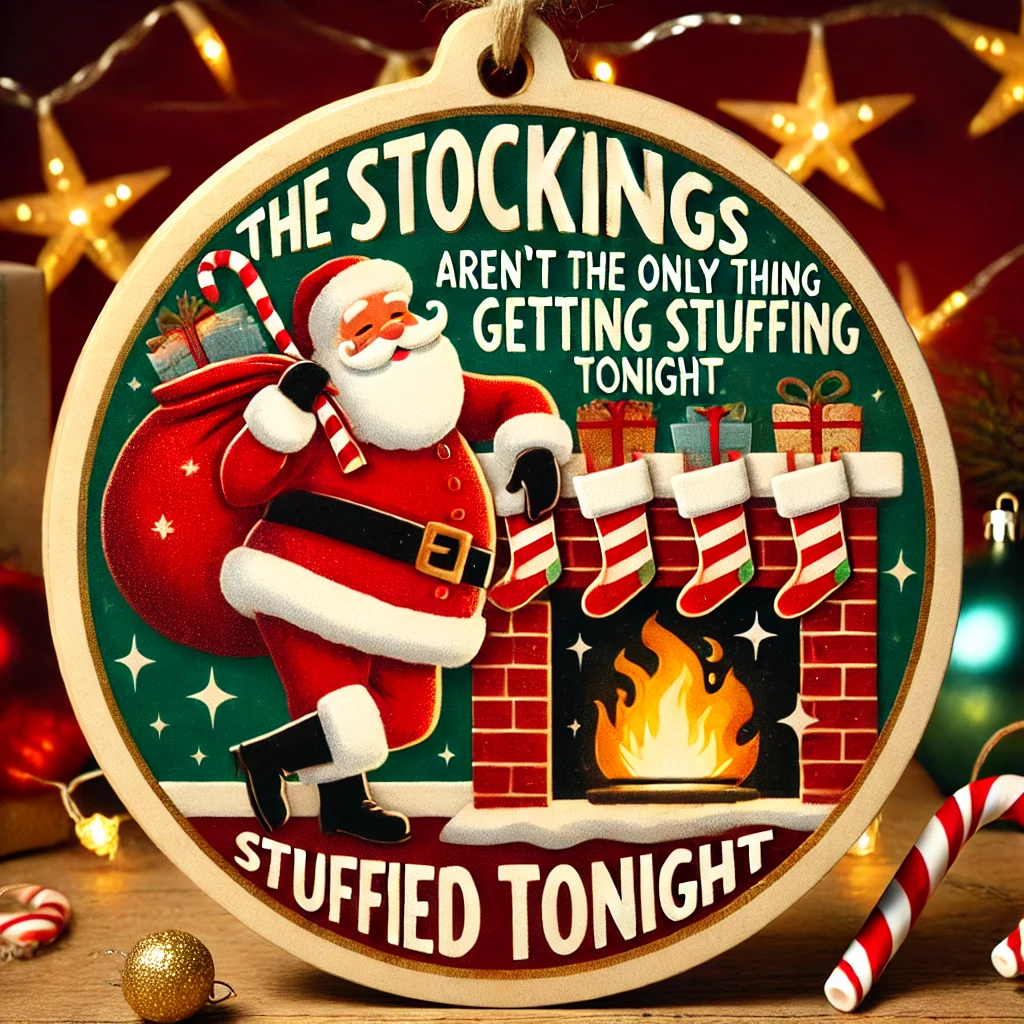 A playful and cheeky 1050x1050 circular ornament design featuring Santa leaning confidently against a cozy fireplace The stockings above are oversized and bursting with gifts while Santa holds a cheeky grin hinting at a double meaning Above the phrase The Stockings Arent the Only Thing Getting Stuffed Tonight is written in playful bold letters with candy cane accents and sparkles The background features the warm glow of the fireplace while twinkling Christmas lights and scattered ornaments frame the scene Everything is contained neatly within the circular frame creating a humorous yet festive holiday ornament design