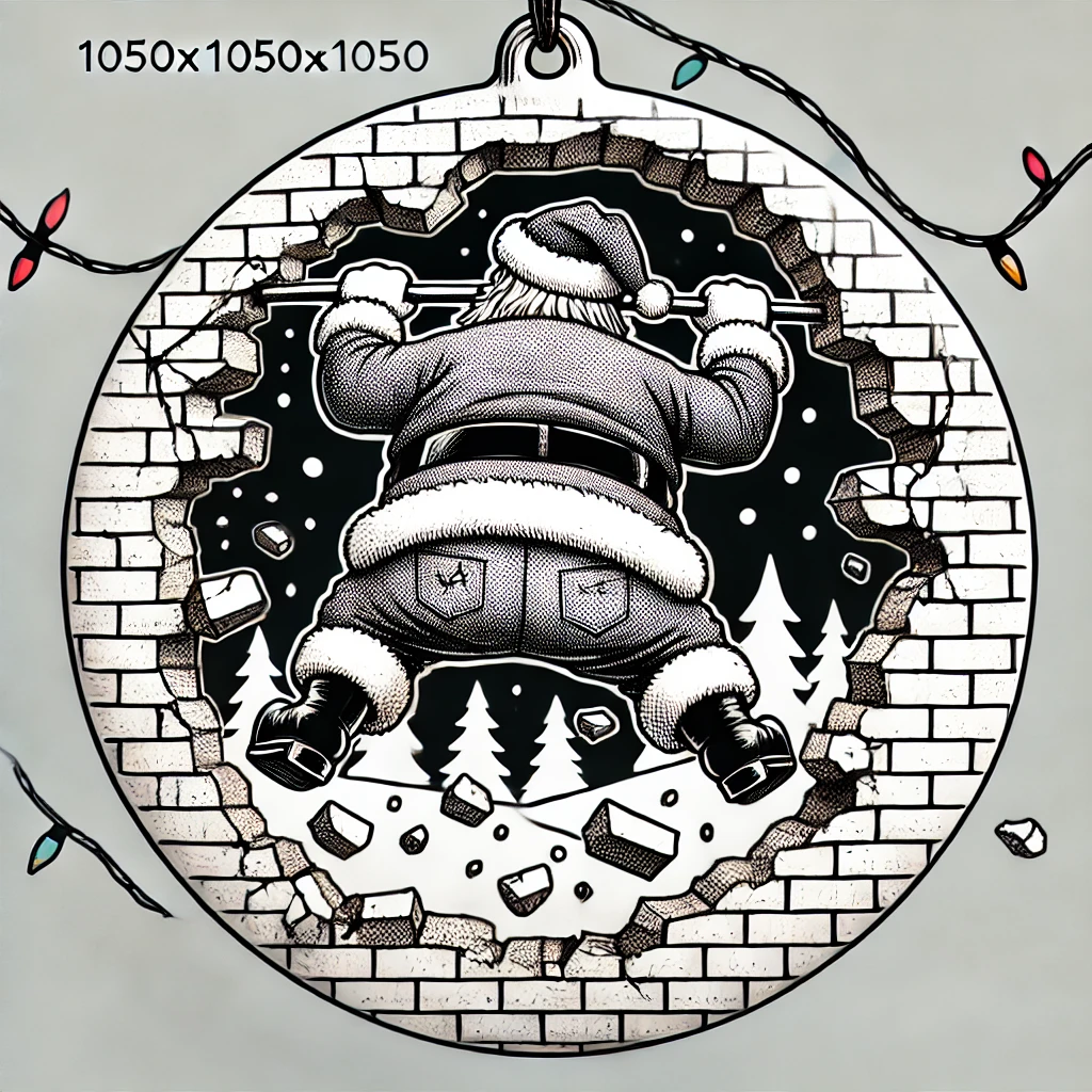 In this 1050x1050 circular ornament design the back side depicts Santas backside humorously breaking through the wall The cracks and scattered debris continue from the front scene but now the focus is on Santas back as he humorously pushes through the cracked wall The design excludes any background elements like trees ensuring the focus is purely on Santas backside and the playful nature of the scene All elements remain contained within the circular boundary